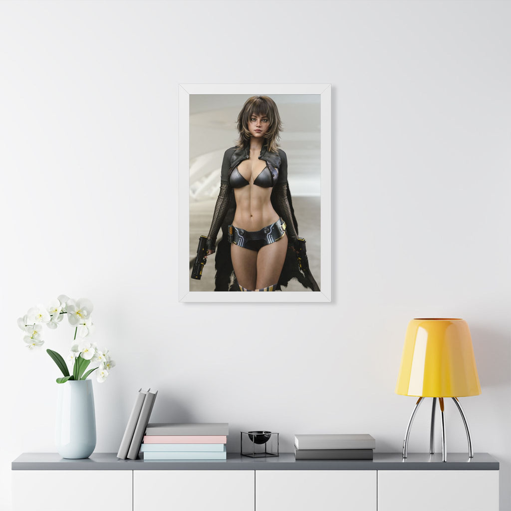Framed Poster — Futuristic Female Warrior Art Print- No AI - Human created illustration art