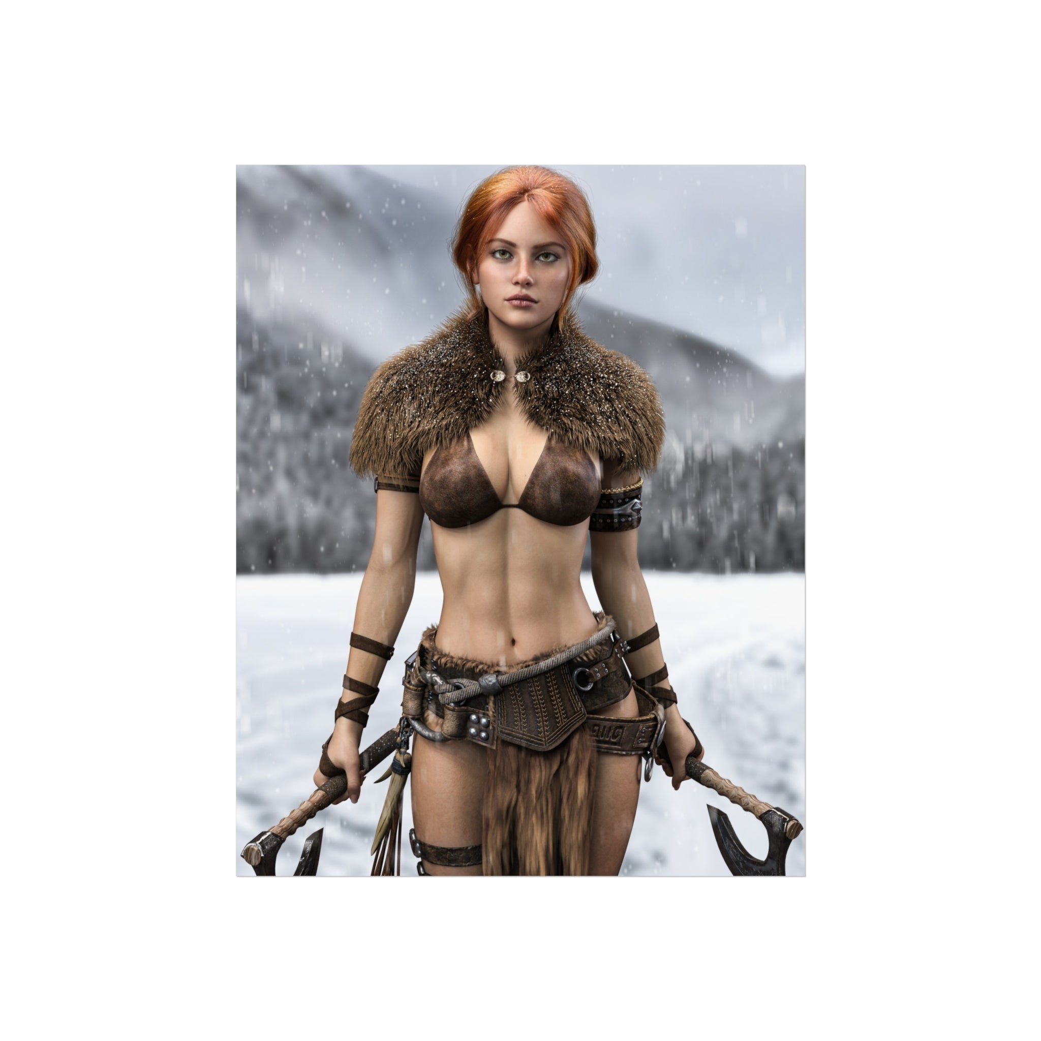 Viking Warrior Woman Fine Art Poster — Red-Haired Norse Axe Fighter Print- No AI- Human created illustration art