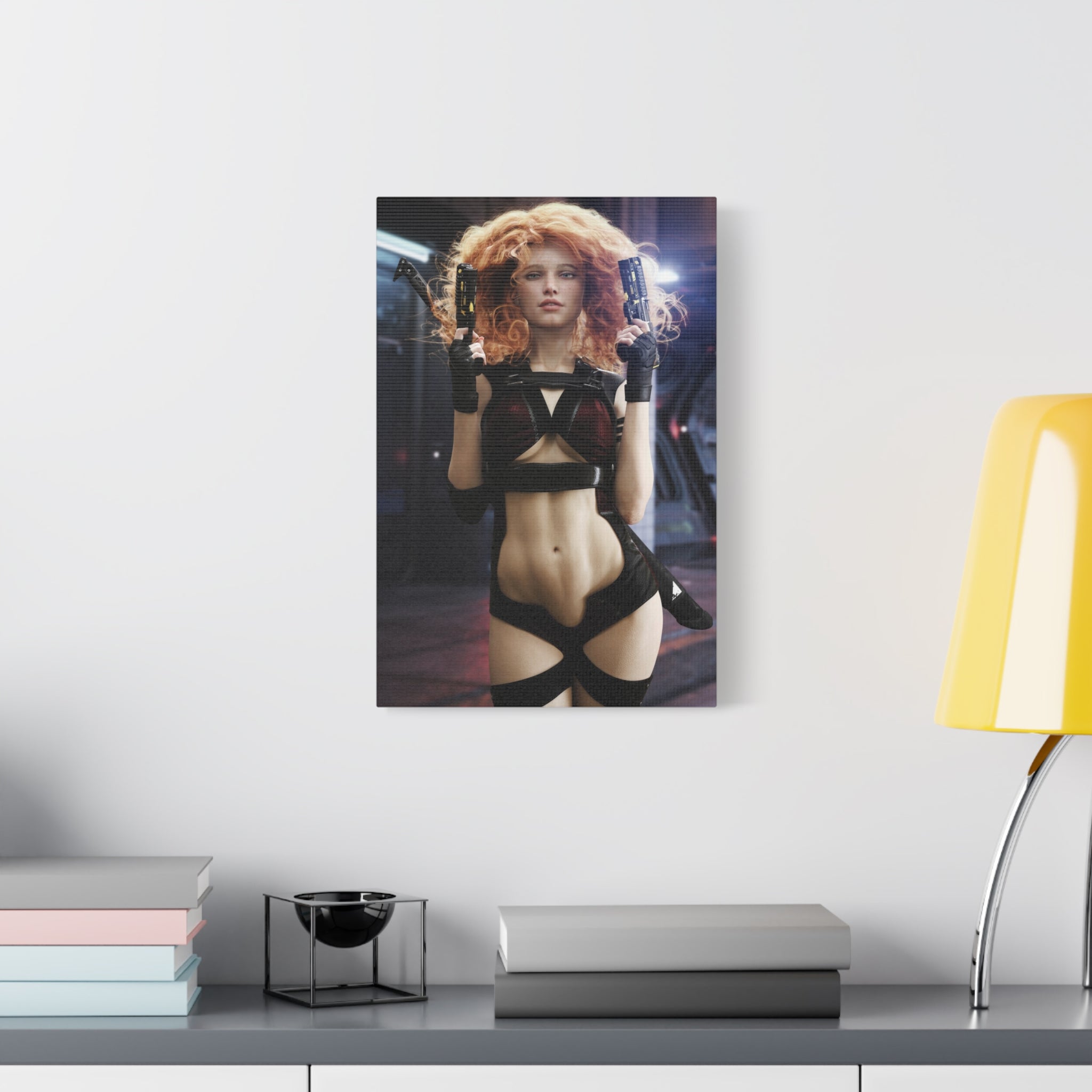 Sci‑Fi Femme Fatale Canvas Print — Red‑Haired Space Gunslinger Matte Stretched- No AI - Human created illustration art