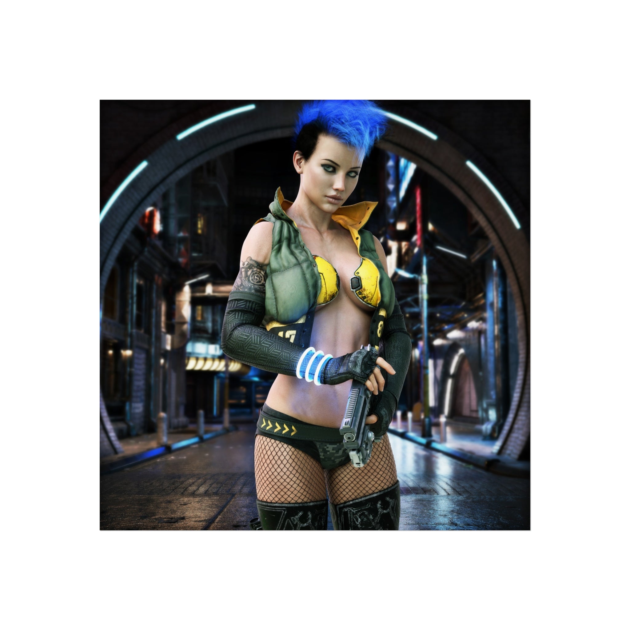 Cyberpunk Femme Fatale Fine Art Poster — Neon Future Sci‑Fi Wall Art- No AI- Human created illustration art