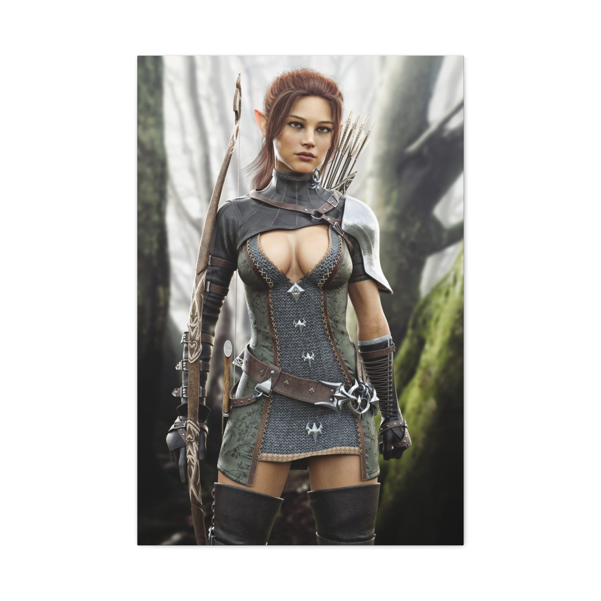 Fantasy Wood Elf Archer Warrior Canvas Print — Matte Stretched Wall Art - No Ai - human created illustration art