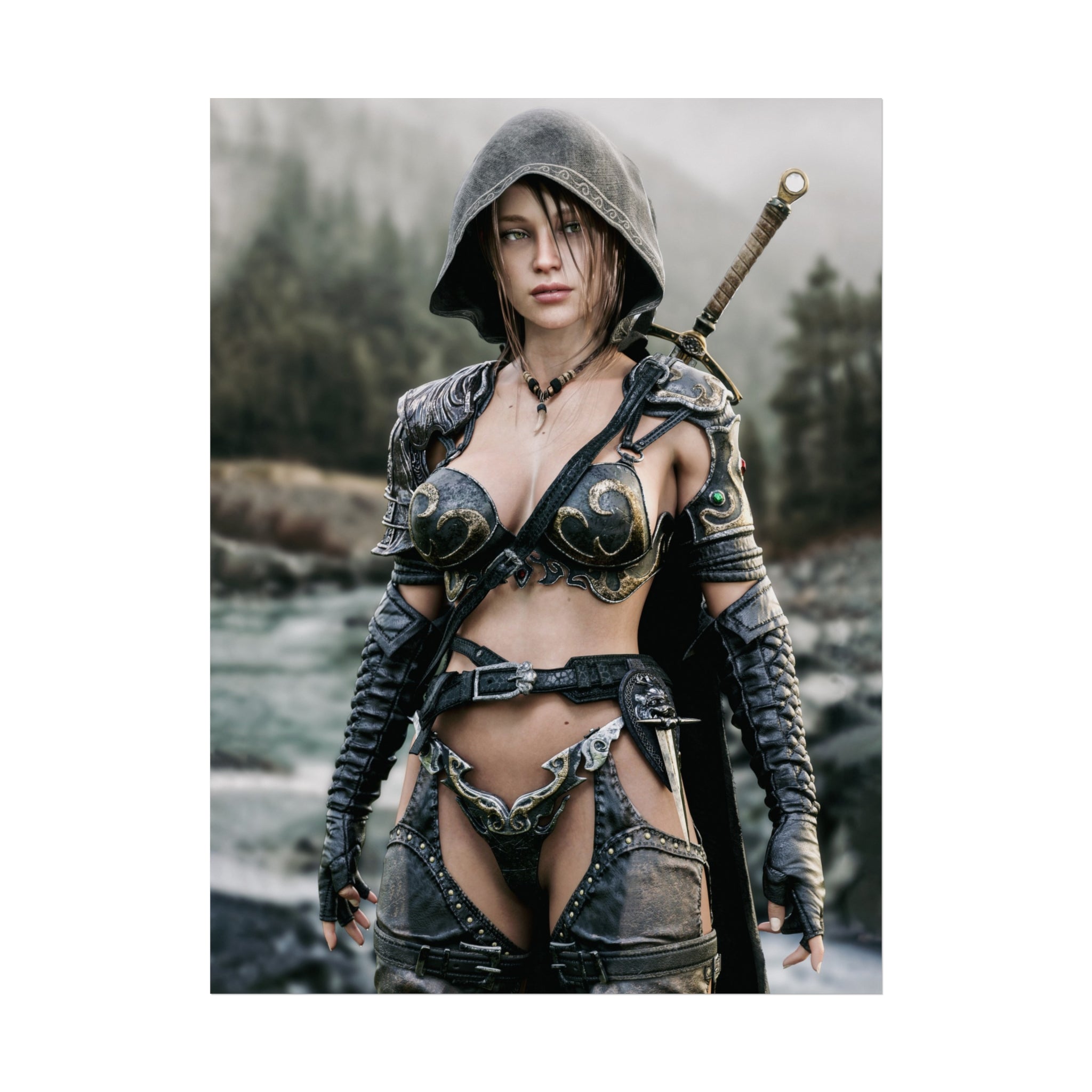 Fantasy Warrior Fine Art Poster — Hooded Female Swordfighter Print - No AI- Human created illustration art