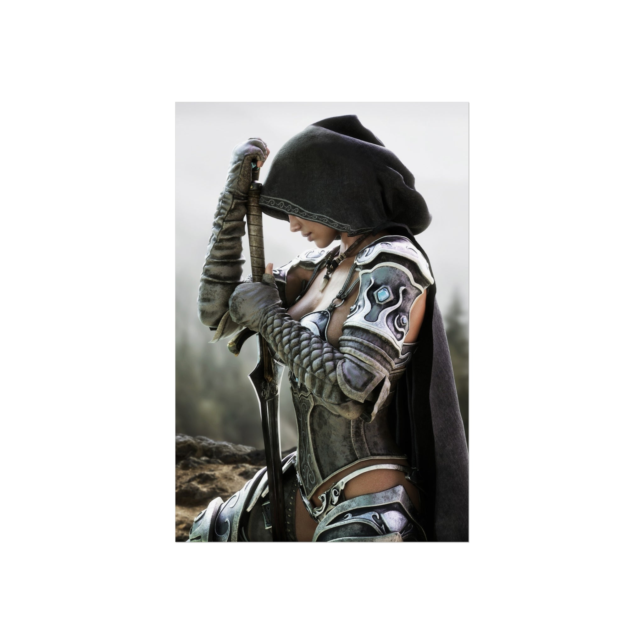 Fantasy Warrior Fine Art Poster — Hooded Female Knight Sword Wall Art - No AI- Human created illustration art