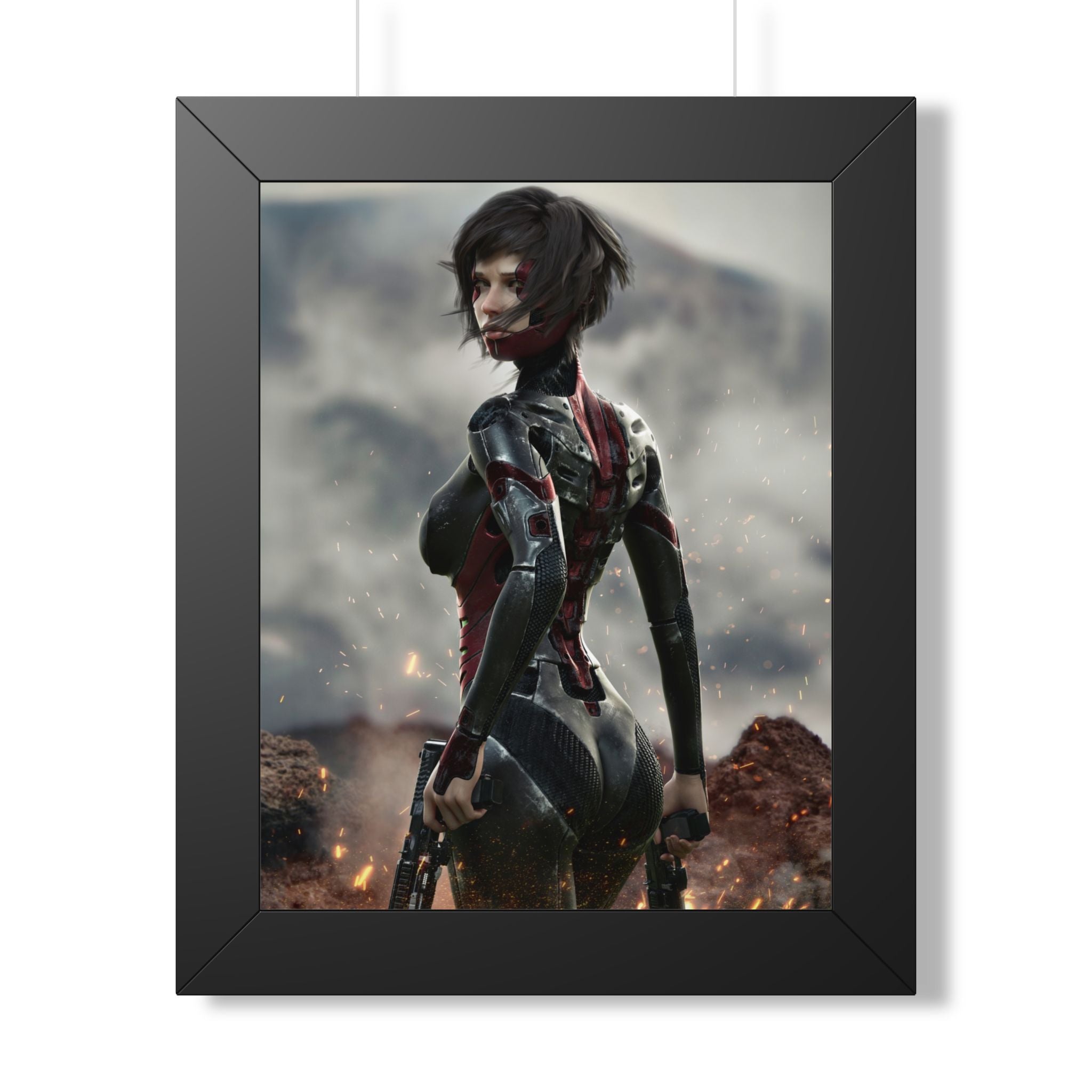 Sci-fi wall art featuring a cybernetic female assassin in advanced armor, dual pistols in hand, standing amid sparks and a futuristic battlefield.