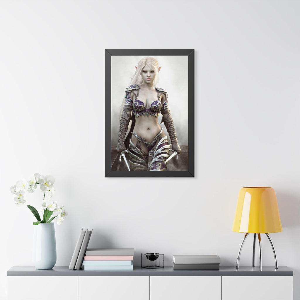 Framed Poster — Fantasy Dark Elf Elven Warrior Art Print - No AI- Human created illustration art