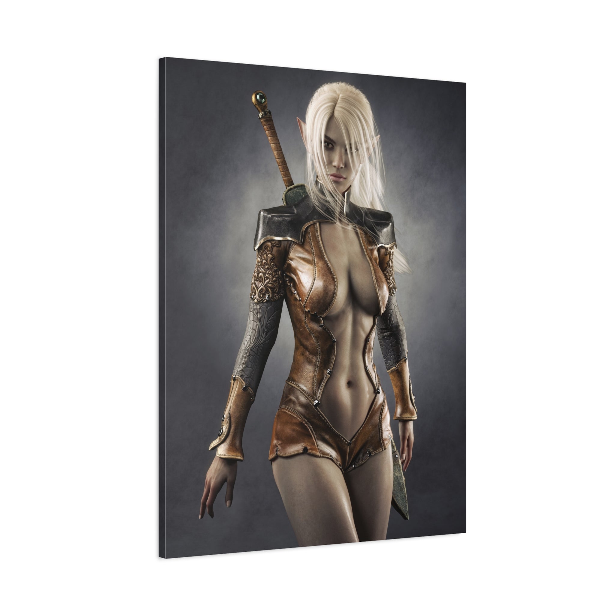 Fantasy Warrior Elf Canvas Print — Sexy Female Swordfighter Matte Stretched Art- No AI- Human created illuration art