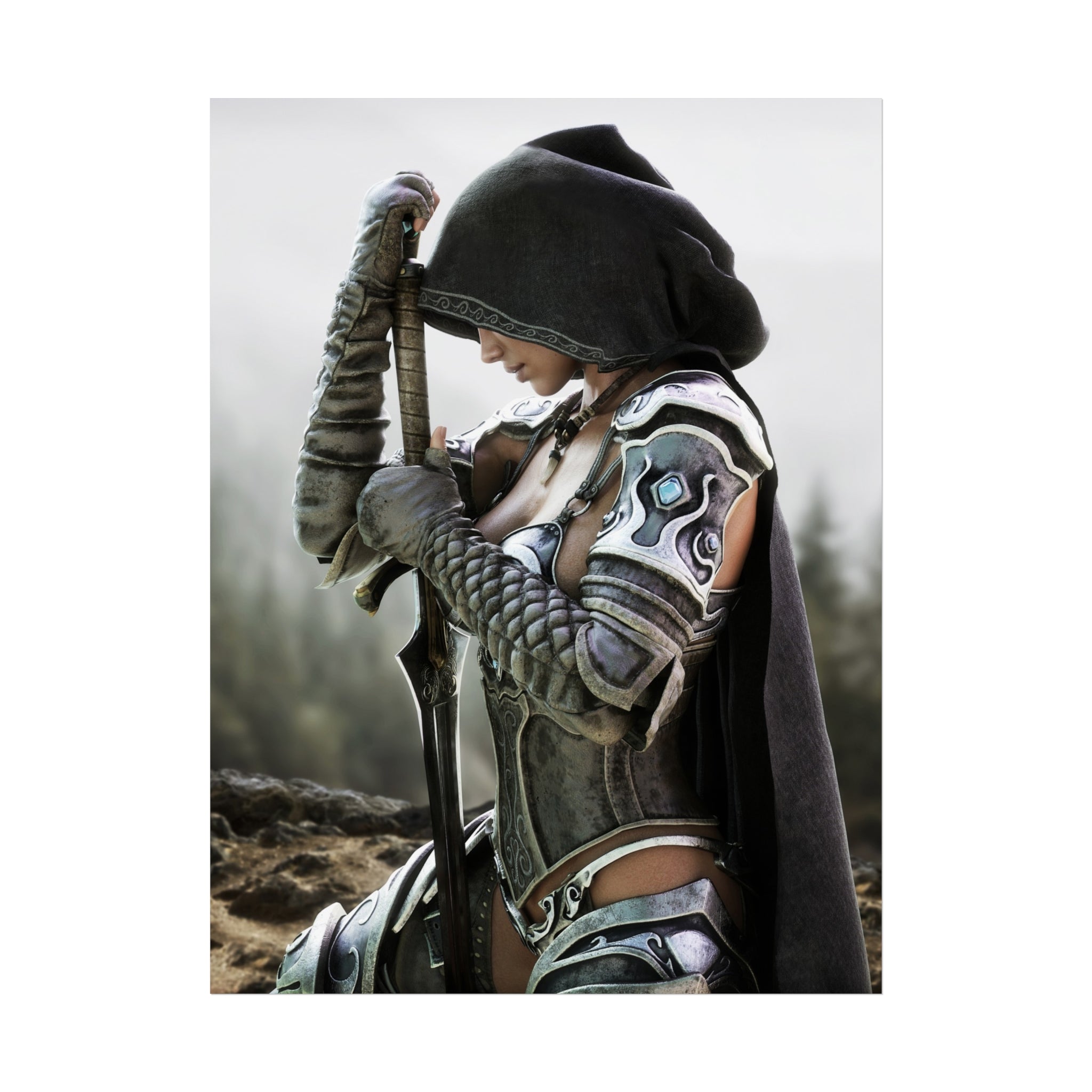 Fantasy Warrior Fine Art Poster — Hooded Female Knight Sword Wall Art - No AI- Human created illustration art