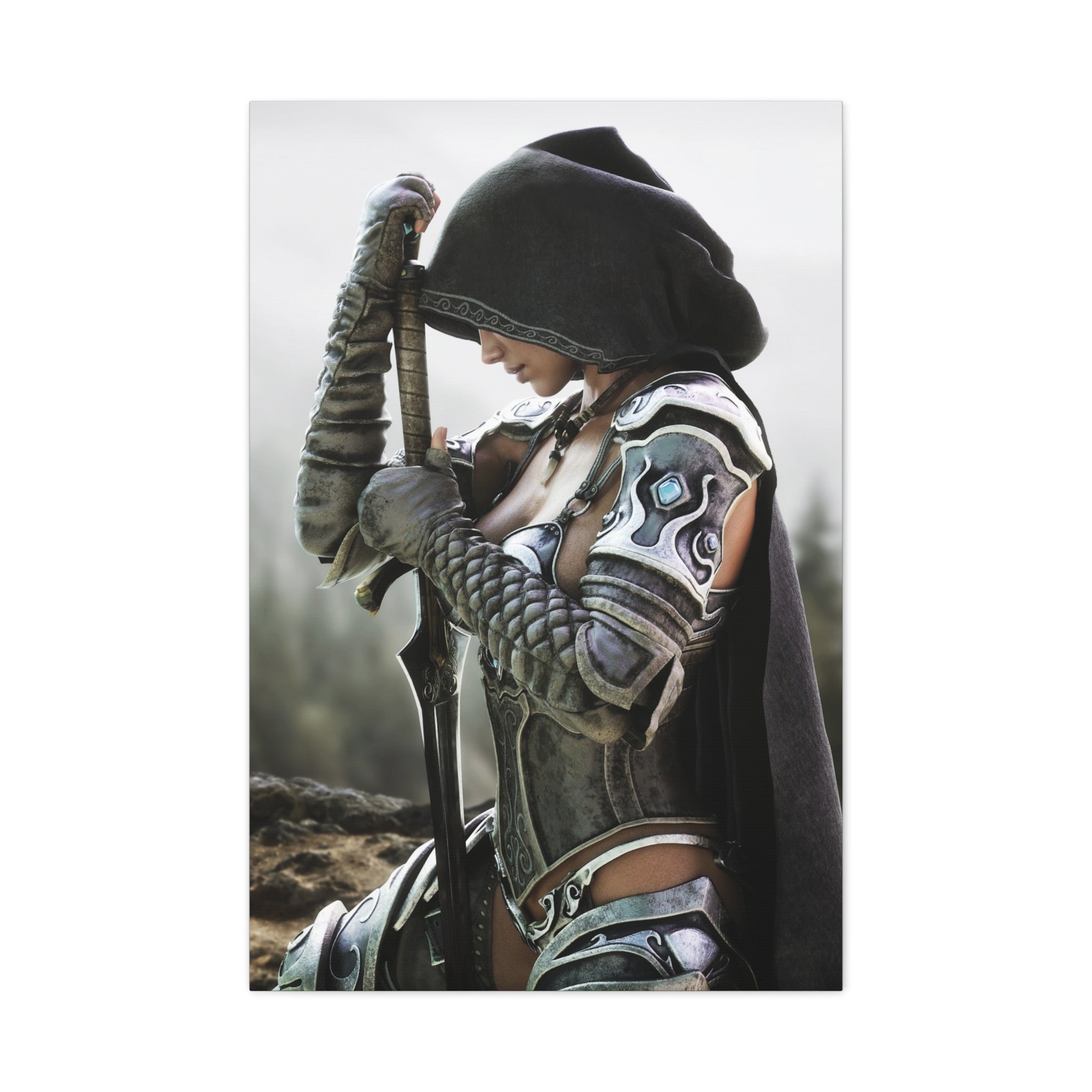 Fantasy Warrior Canvas Print — Hooded Female Knight Matte Stretched Wall Art- No AI- Human created fantasy art