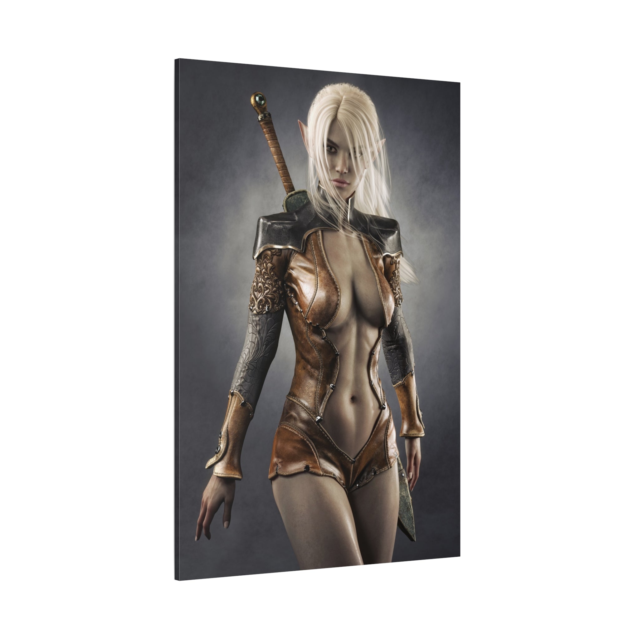 Fantasy Warrior Elf Canvas Print — Sexy Female Swordfighter Matte Stretched Art- No AI- Human created illuration art