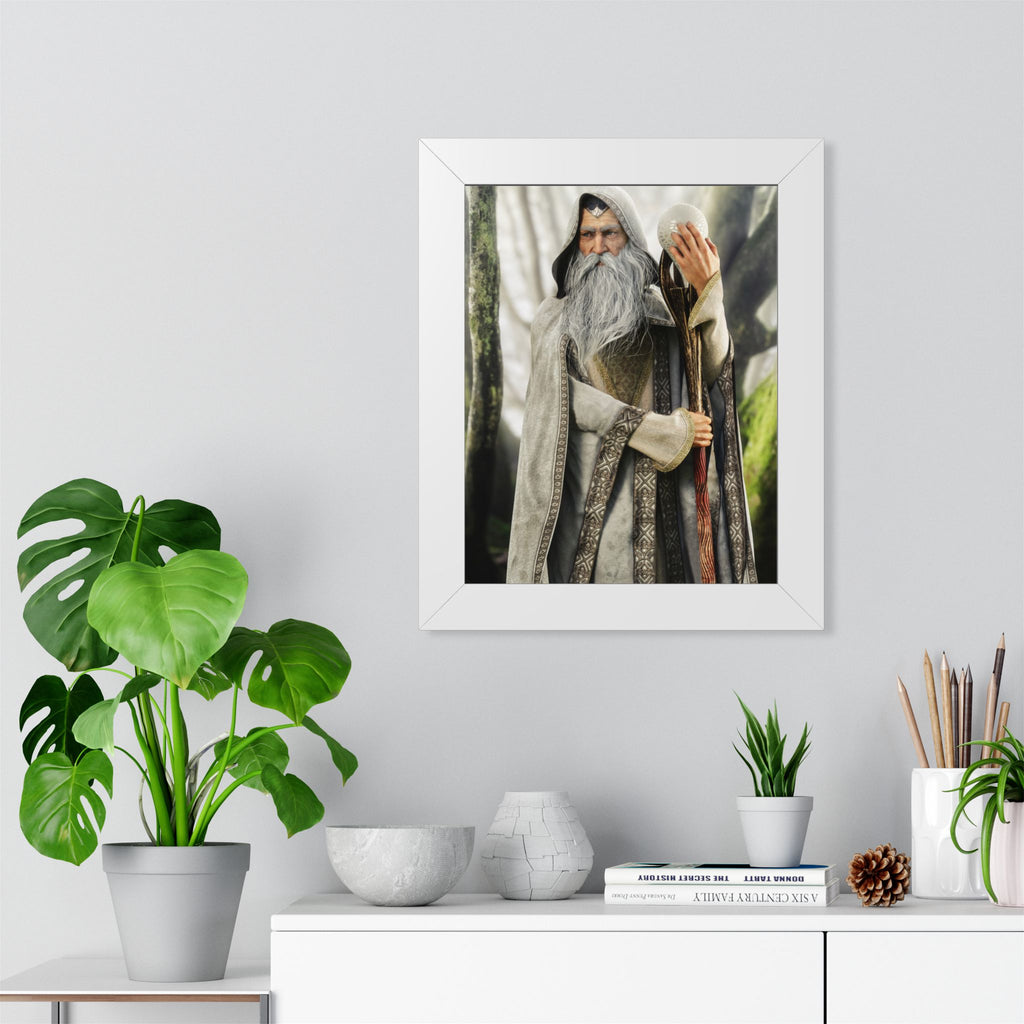 Framed Poster — Wise Wizard with Staff Fantasy Art- No ai - Human created illustration art