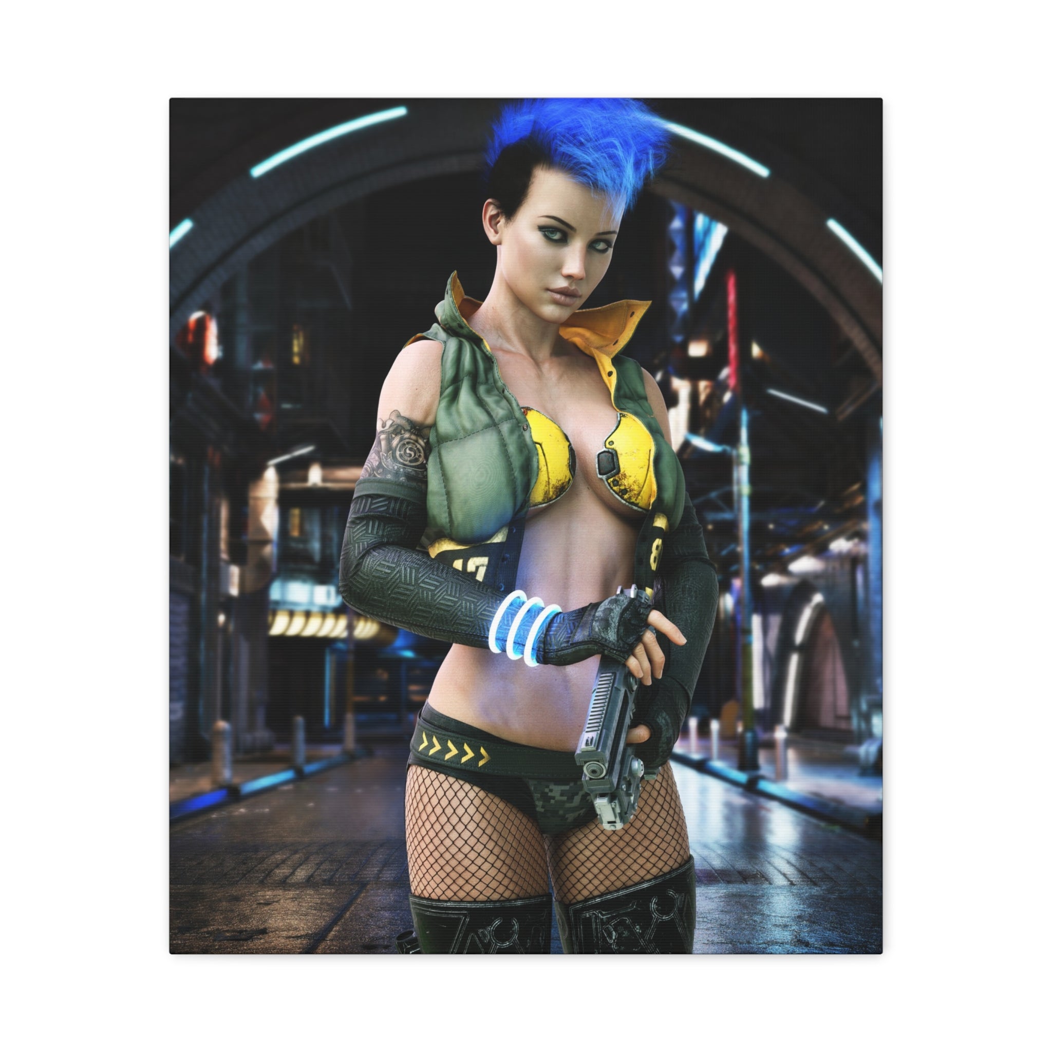 Cyberpunk Femme Fatale Canvas Print — Matte Stretched Wall Art -No AI- Human created illustration art