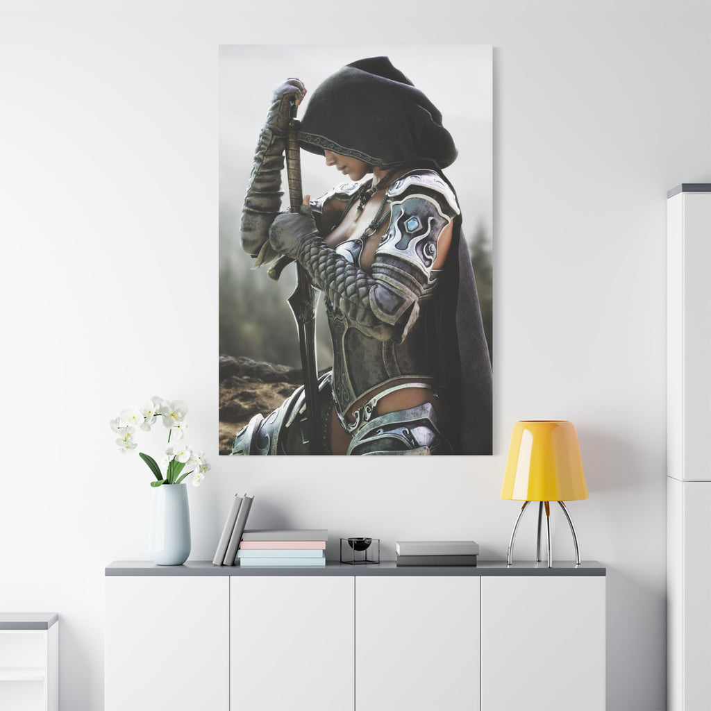 Fantasy Warrior Canvas Print — Hooded Female Knight Matte Stretched Wall Art- No AI- Human created fantasy art