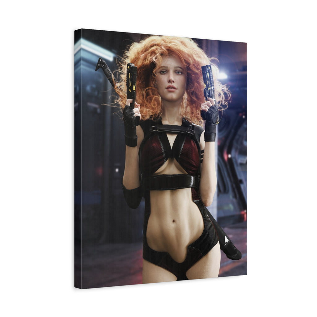 Sci‑Fi Femme Fatale Canvas Print — Red‑Haired Space Gunslinger Matte Stretched- No AI - Human created illustration art