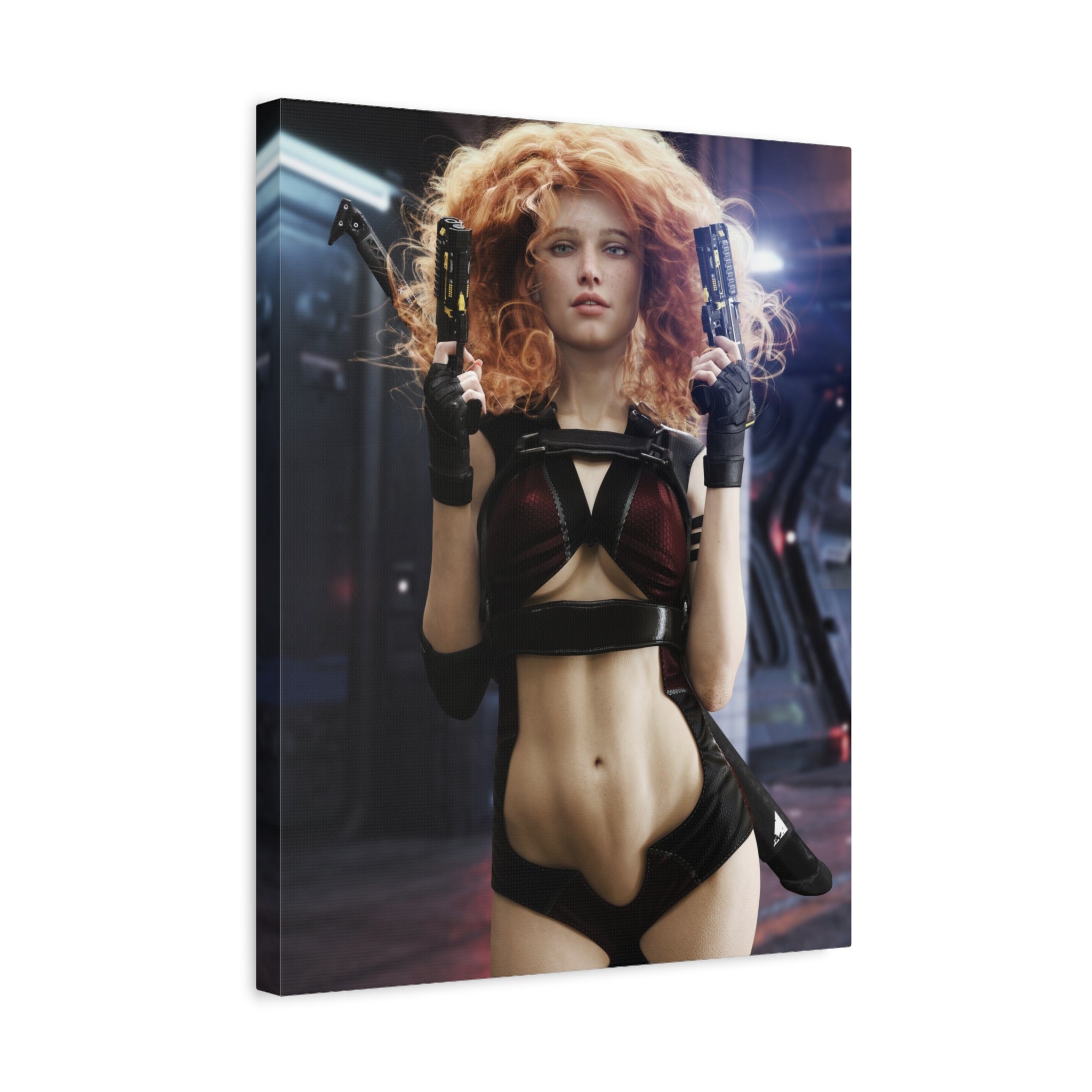 Sci‑Fi Femme Fatale Canvas Print — Red‑Haired Space Gunslinger Matte Stretched- No AI - Human created illustration art