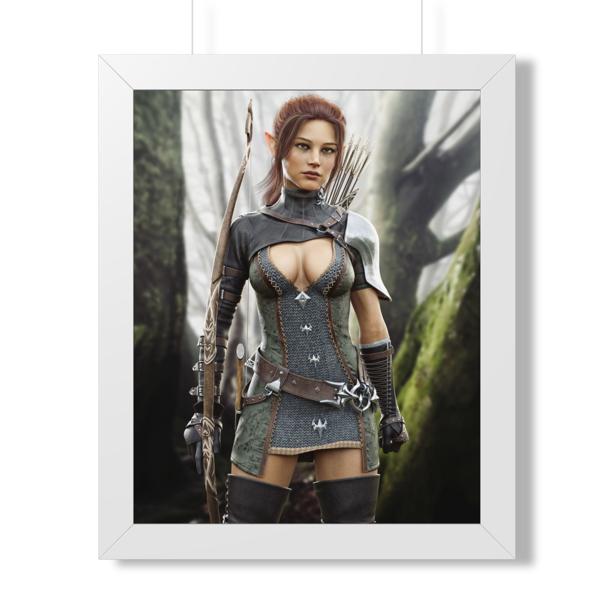 Fantasy Wood Elf Archer Framed Poster — Female Ranger Wall Art - No AI human created illustration art
