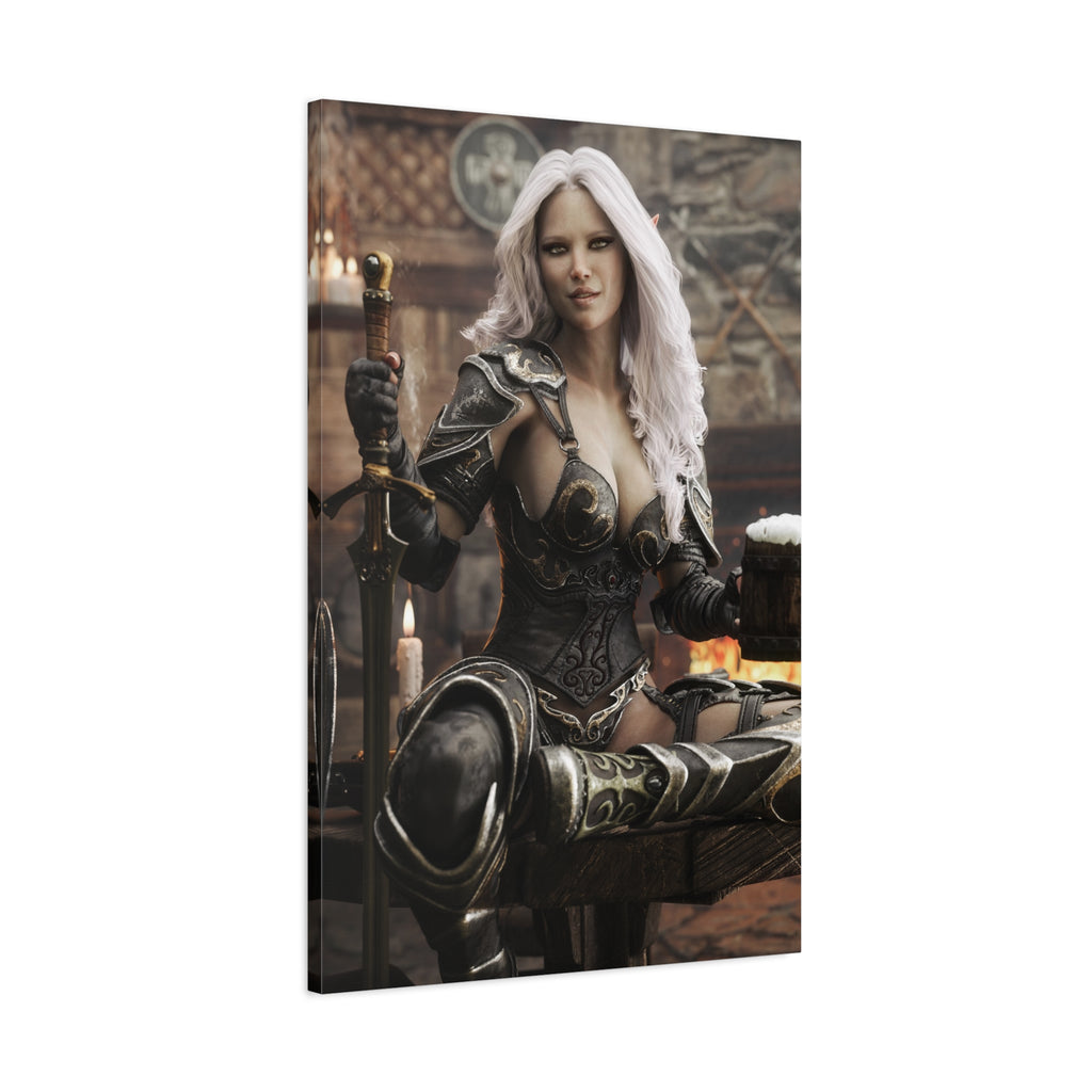 Fantasy Warrior Woman Canvas Print — Armored Dark elf in Tavern Portrait-No AI- Human created illustration art