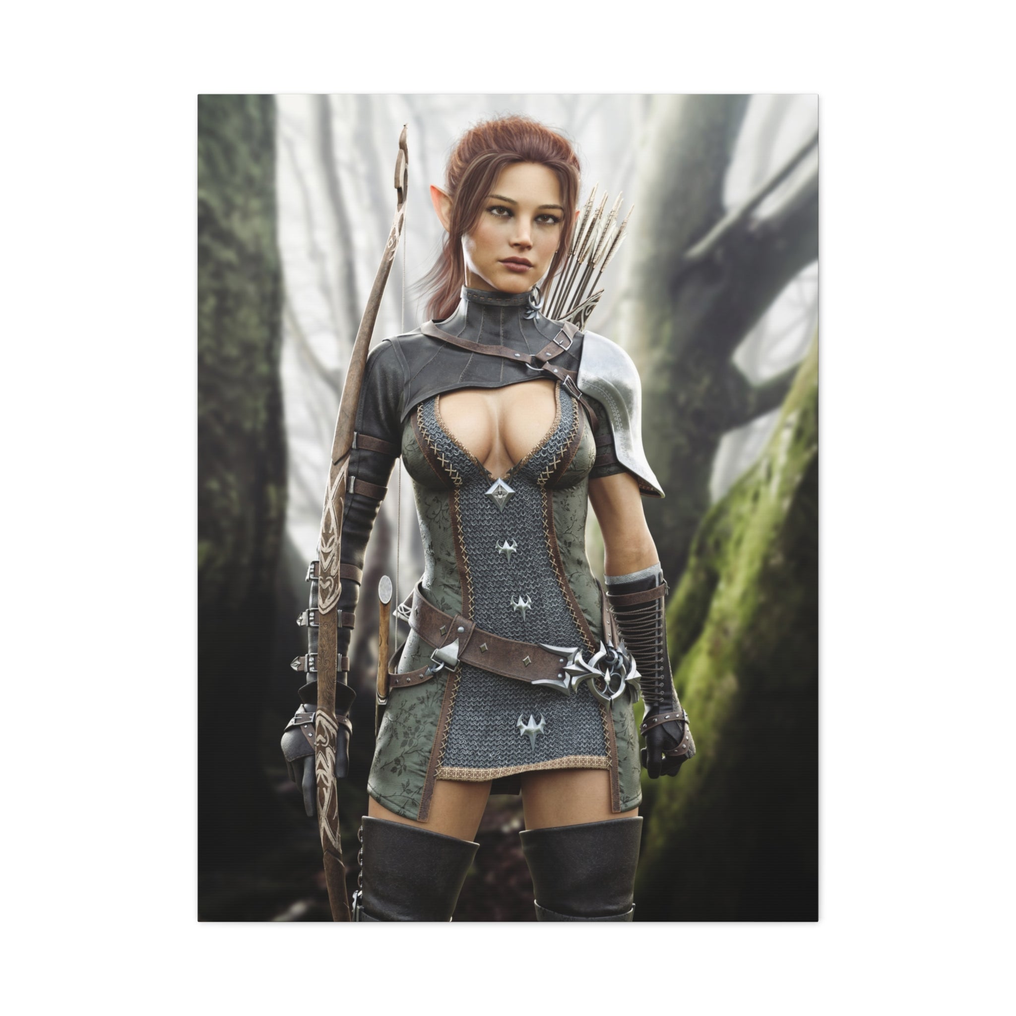 Fantasy Wood Elf Archer Warrior Canvas Print — Matte Stretched Wall Art - No Ai - human created illustration art