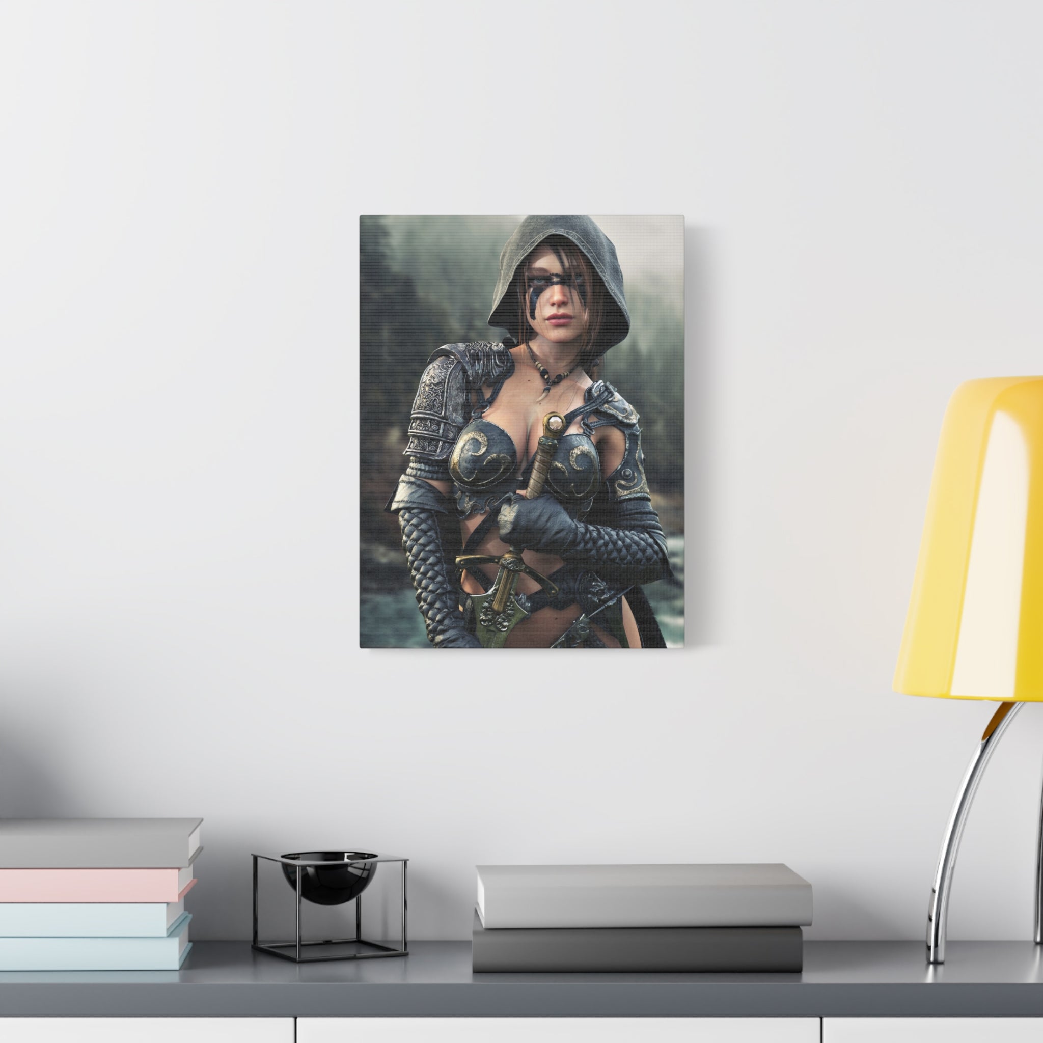 Fantasy ranger wall art featuring a hooded female warrior with face paint, ornate armor, and sword against a misty forest backdrop for fantasy decor.
