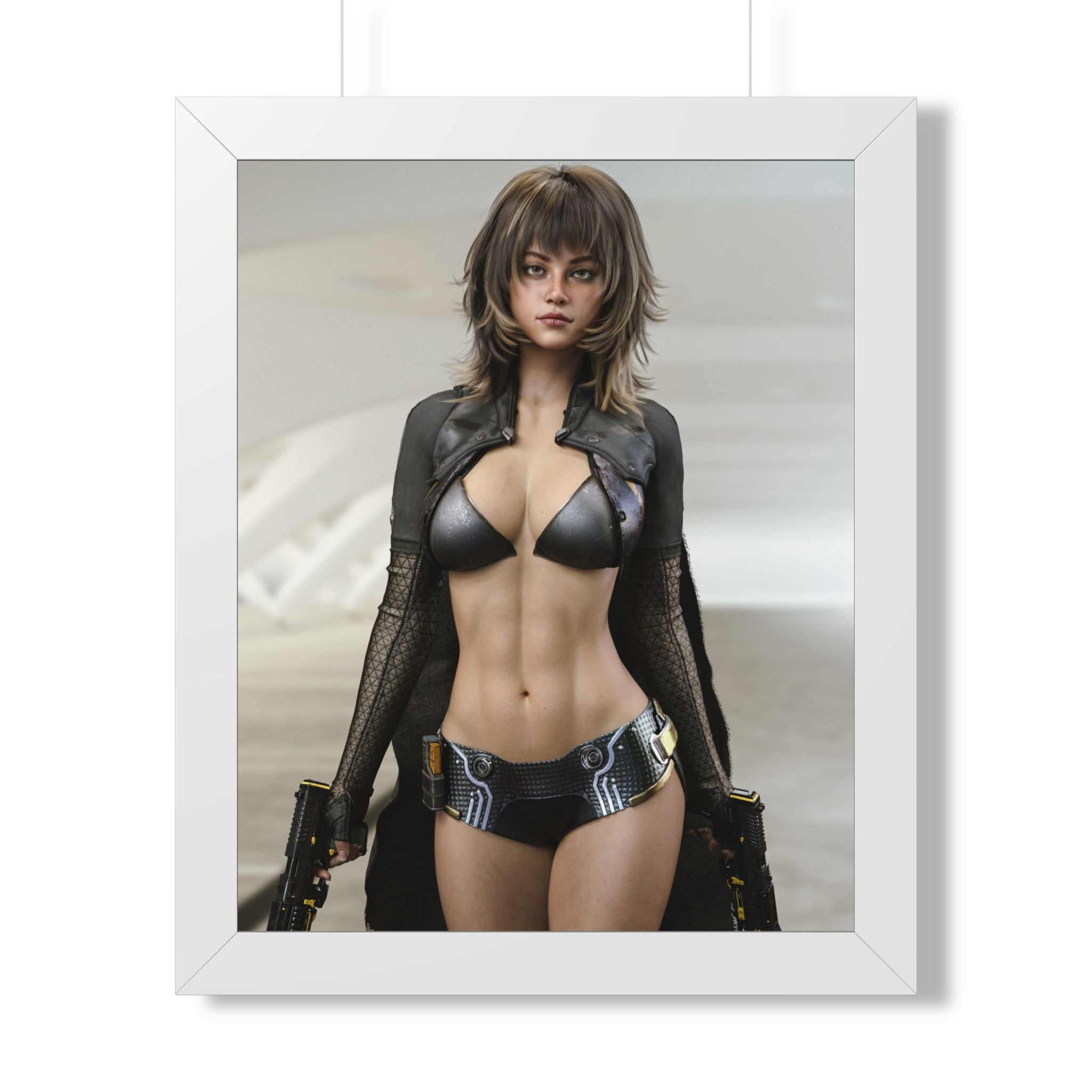 Framed Poster — Futuristic Female Warrior Art Print- No AI - Human created illustration art