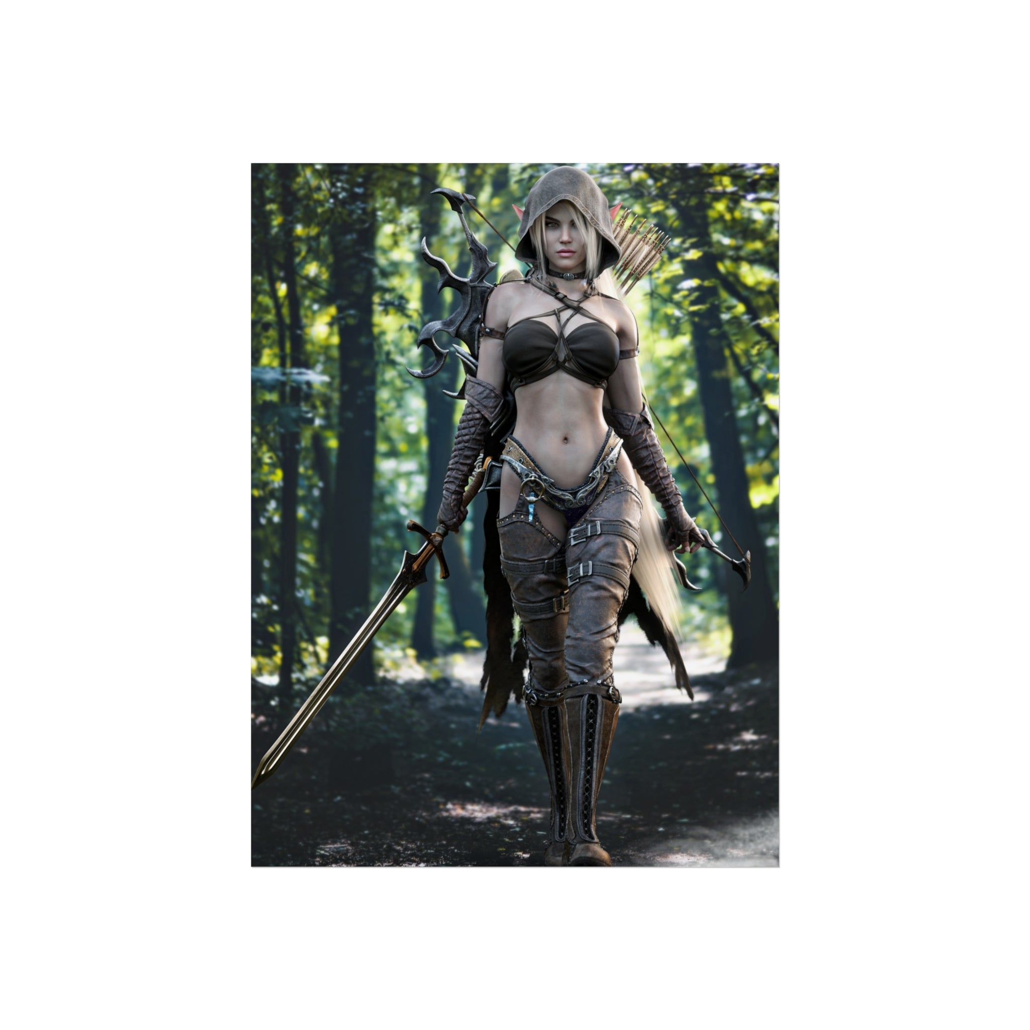 Fantasy Elf Warrior Fine Art Poster — Archer Huntress in Enchanted Forest- No AI - Human created illustration art