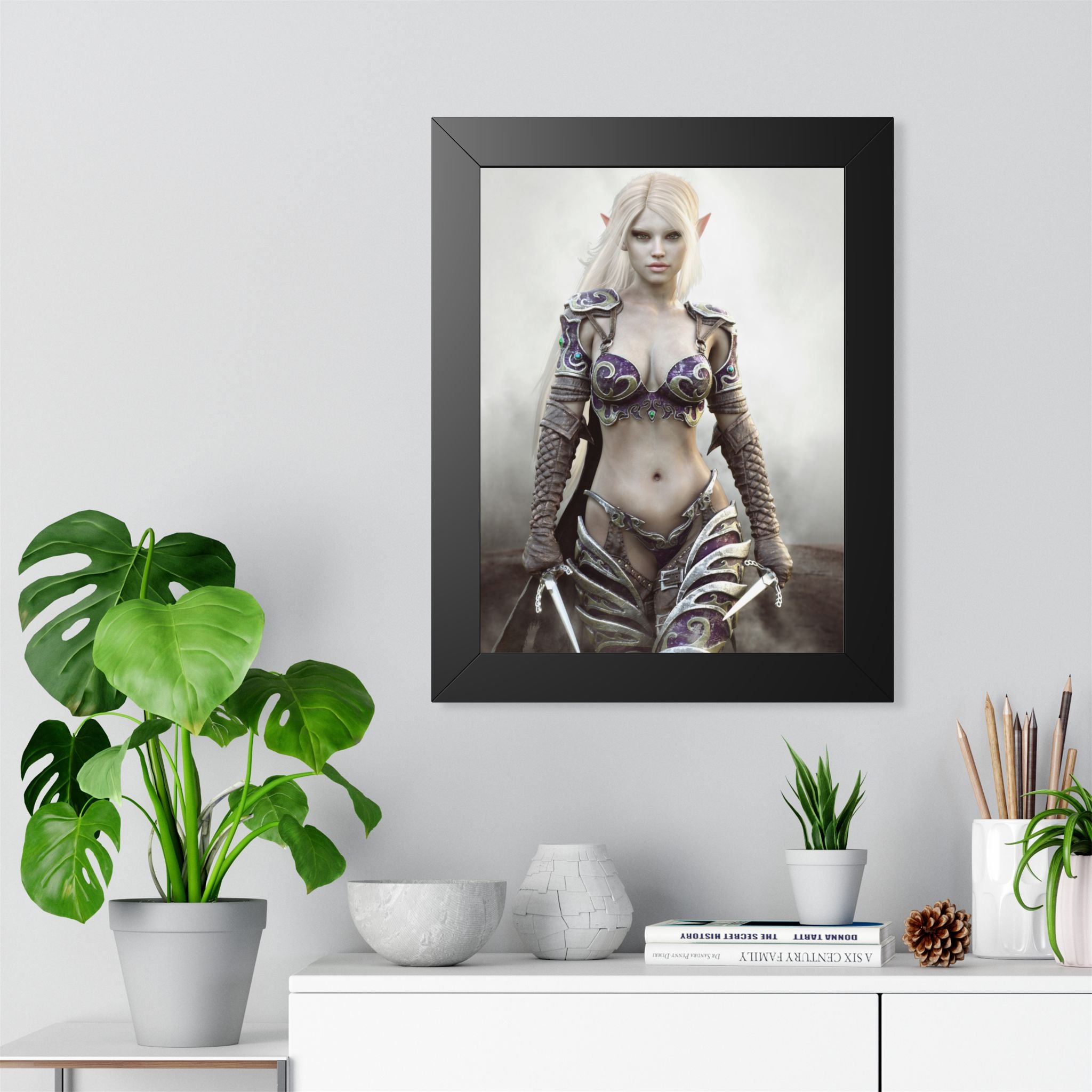 Framed Poster — Fantasy Dark Elf Elven Warrior Art Print - No AI- Human created illustration art
