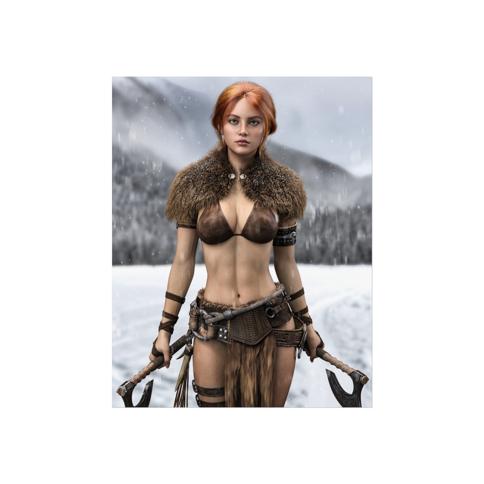 Viking Warrior Woman Fine Art Poster — Red-Haired Norse Axe Fighter Print- No AI- Human created illustration art