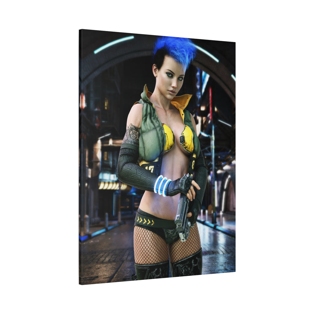 Cyberpunk Femme Fatale Canvas Print — Matte Stretched Wall Art -No AI- Human created illustration art