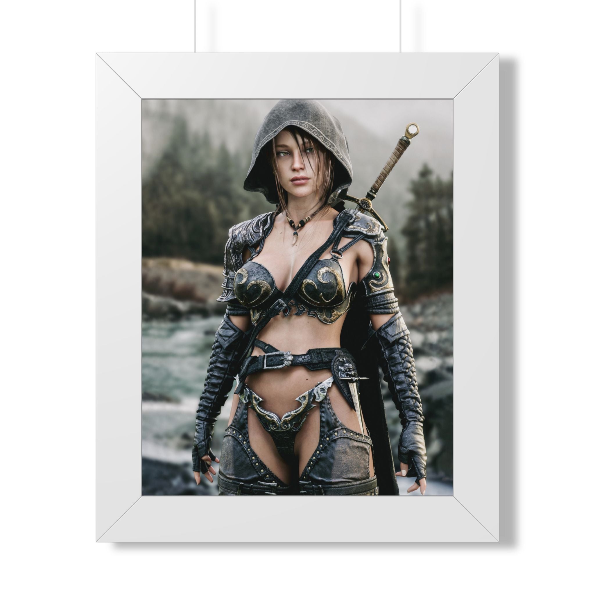 Framed Poster - Fantasy Female Ranger Warrior Art (Vertical) - No AI- Human created illustration art