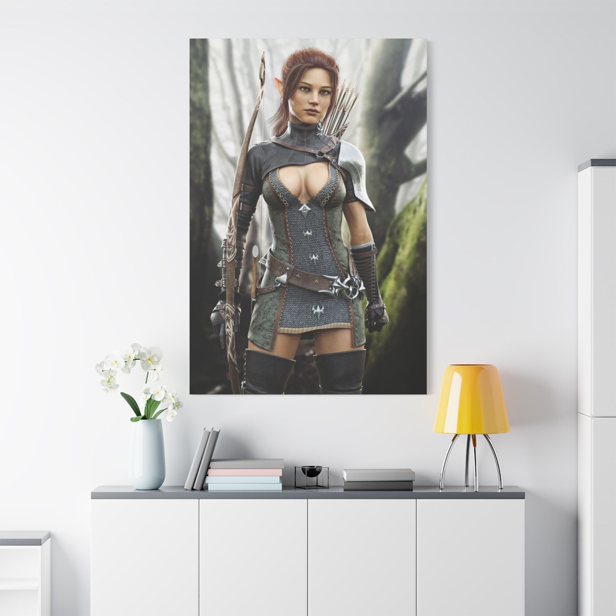Fantasy Wood Elf Archer Warrior Canvas Print — Matte Stretched Wall Art - No Ai - human created illustration art