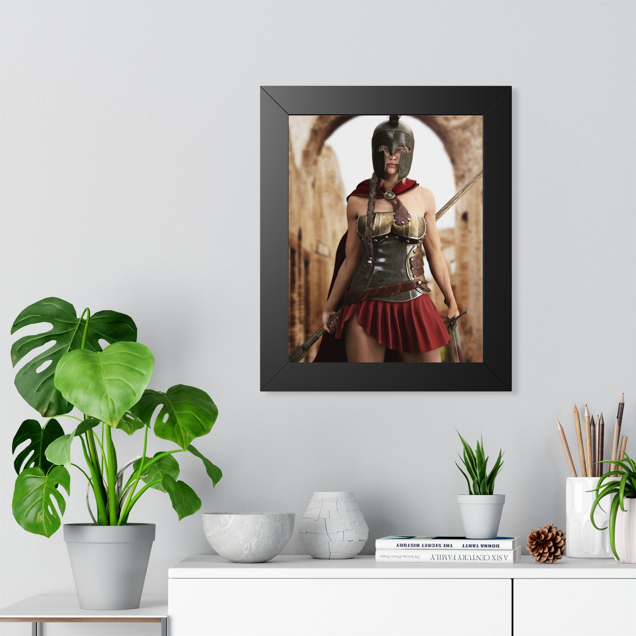Original handcrafted fantasy artwork featuring a Spartan female warrior wearing bronze armor and a Corinthian helmet while holding a spear and sword before ancient Greek ruins.