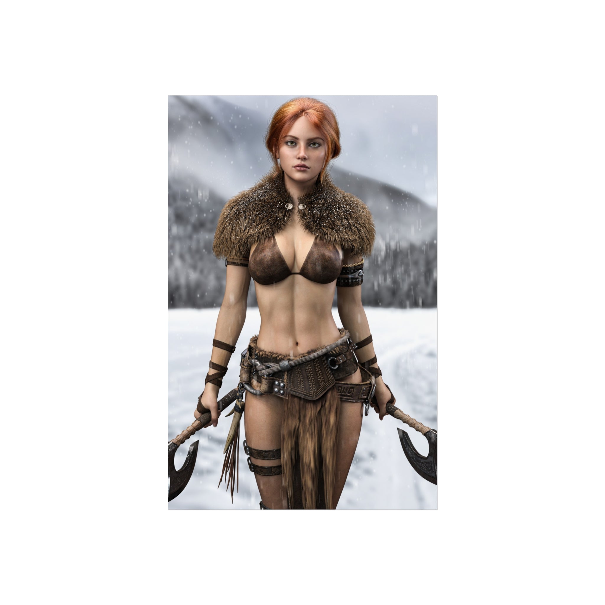 Viking Warrior Woman Fine Art Poster — Red-Haired Norse Axe Fighter Print- No AI- Human created illustration art