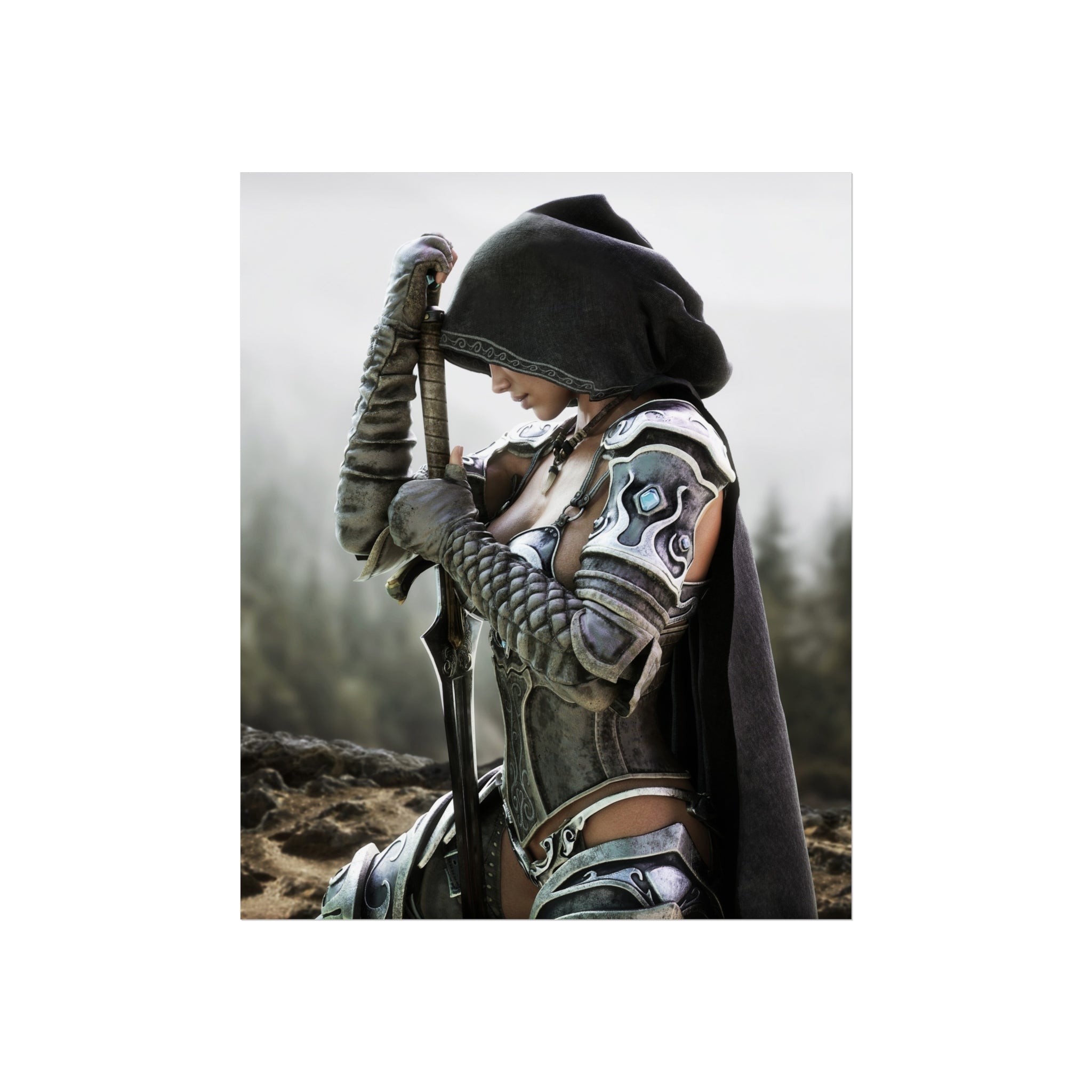 Fantasy Warrior Fine Art Poster — Hooded Female Knight Sword Wall Art - No AI- Human created illustration art