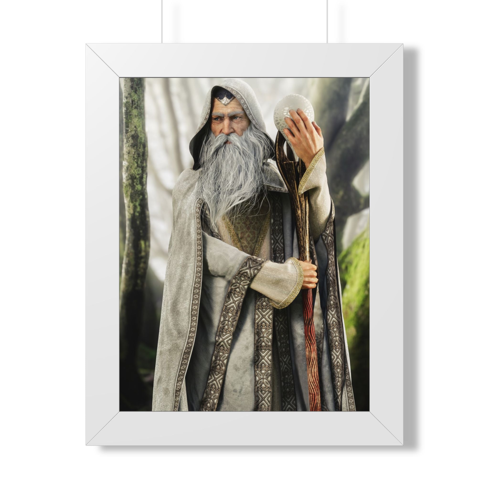 Framed Poster — Wise Wizard with Staff Fantasy Art- No ai - Human created illustration art