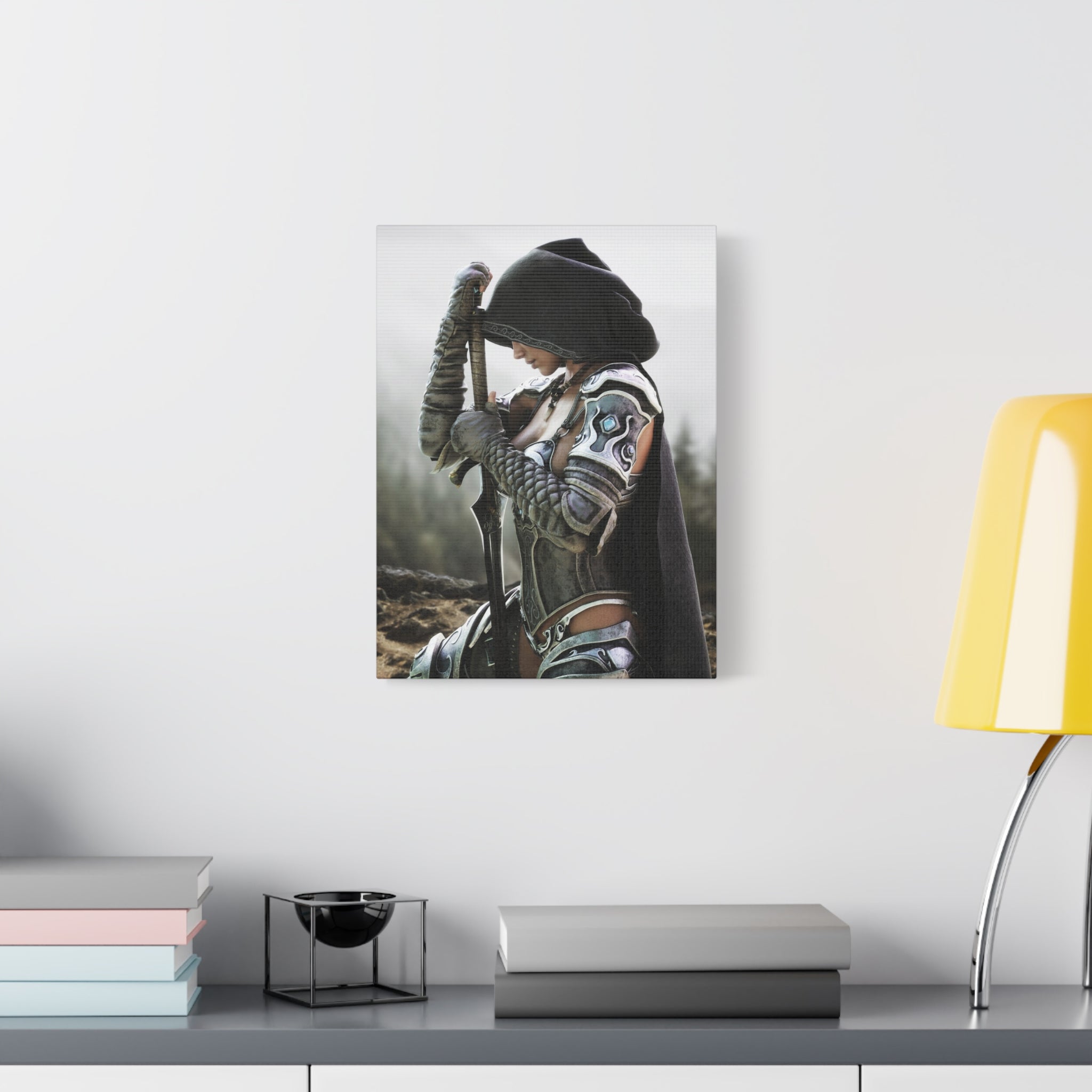 Fantasy Warrior Canvas Print — Hooded Female Knight Matte Stretched Wall Art- No AI- Human created fantasy art
