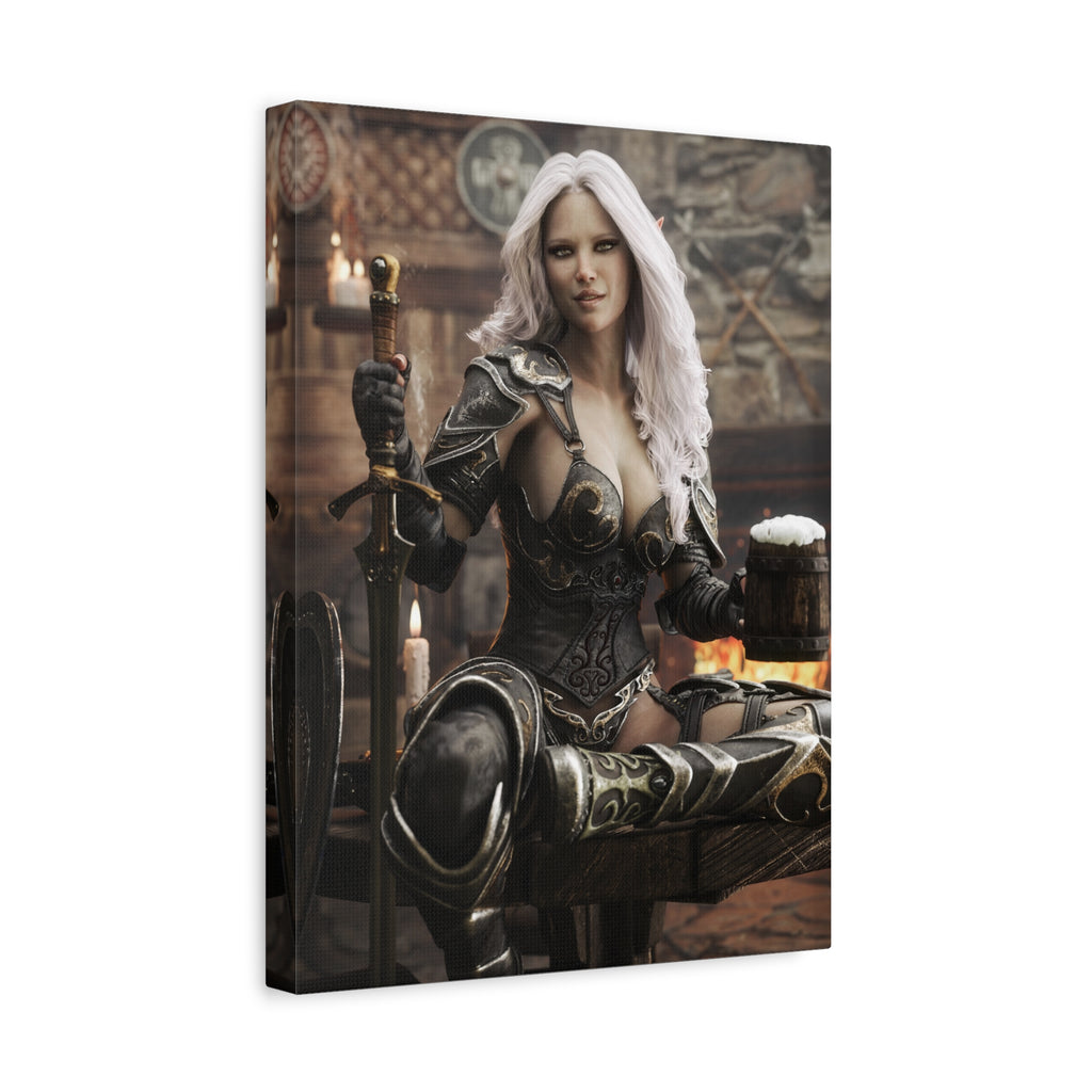 Fantasy Warrior Woman Canvas Print — Armored Dark elf in Tavern Portrait-No AI- Human created illustration art