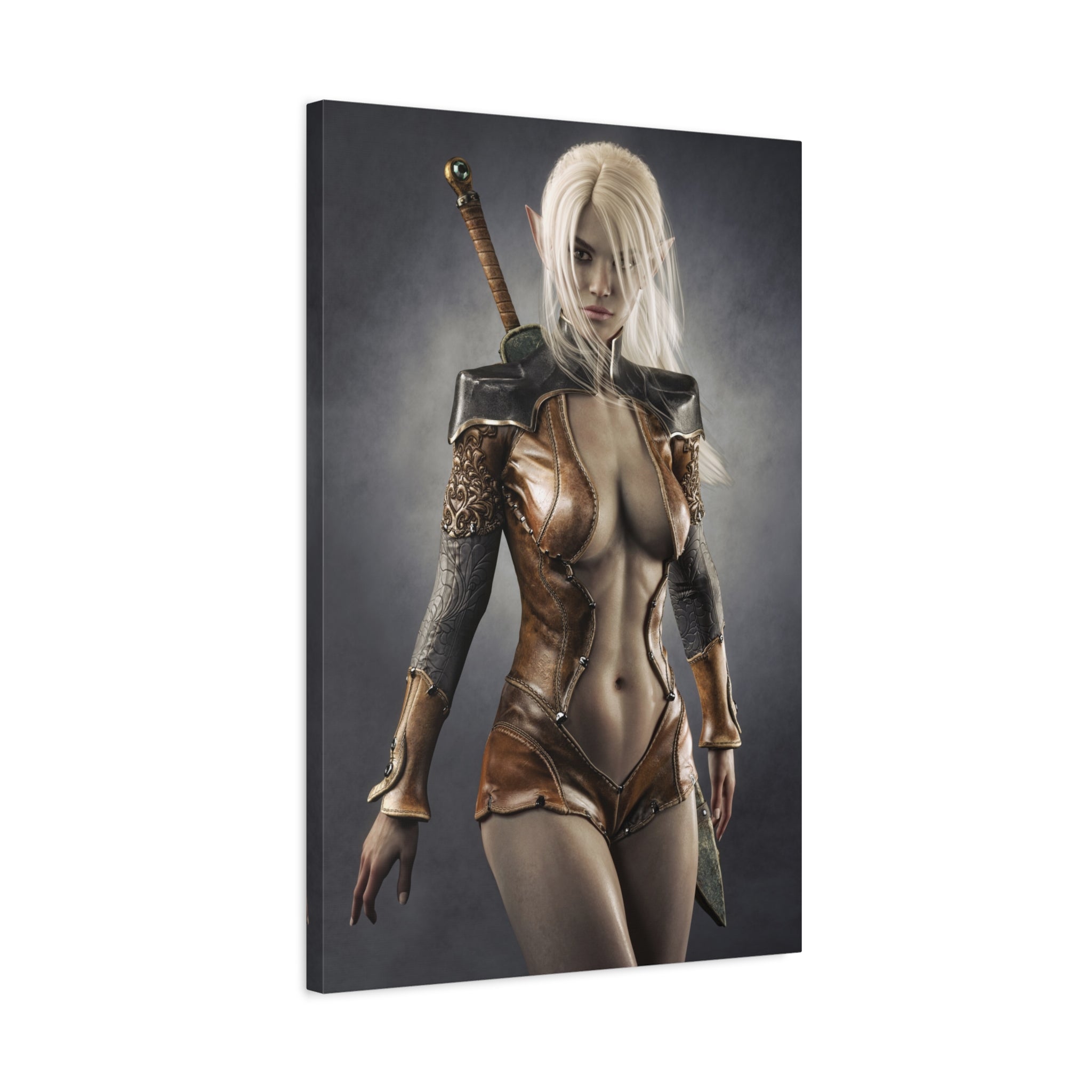 Fantasy Warrior Elf Canvas Print — Sexy Female Swordfighter Matte Stretched Art- No AI- Human created illuration art