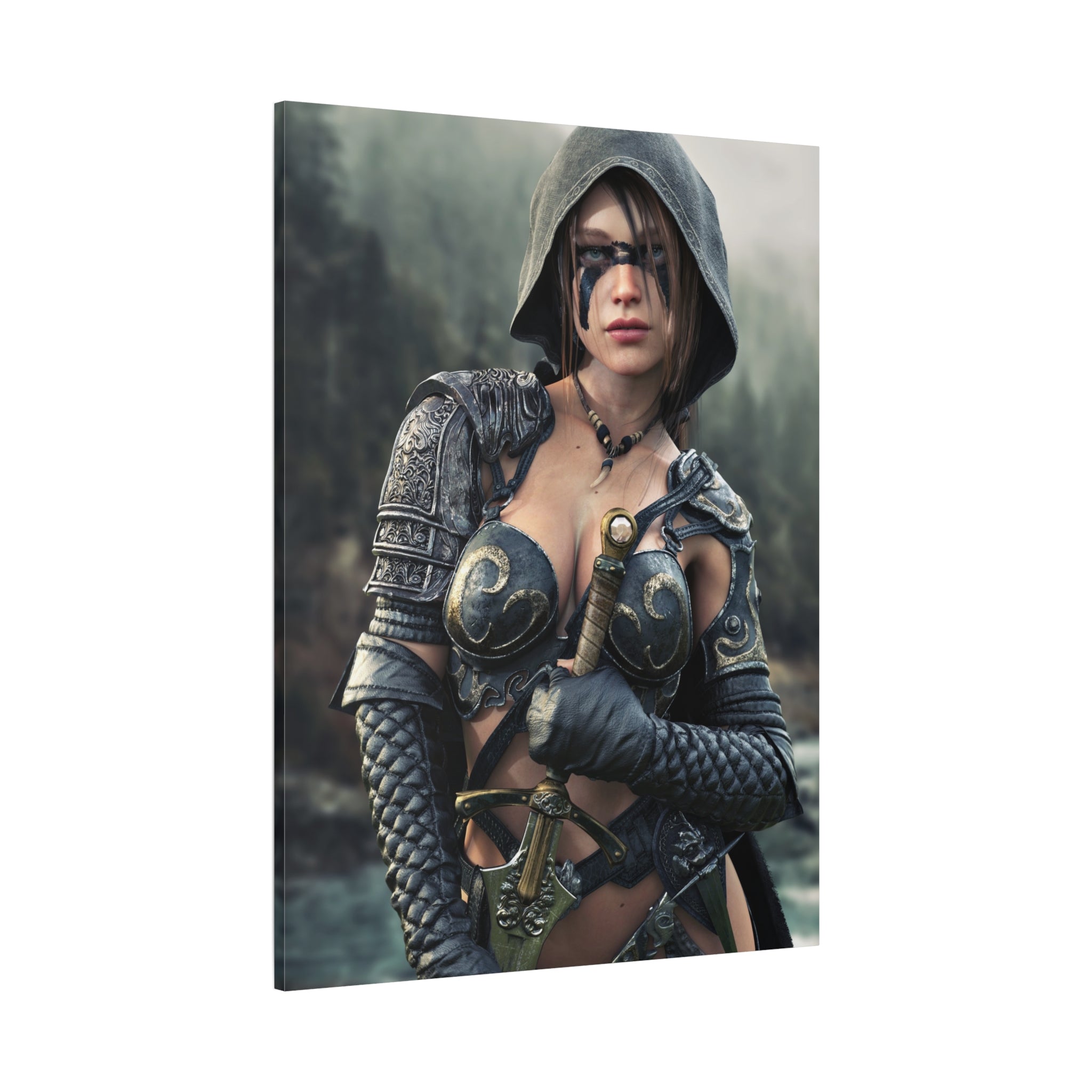 Fantasy ranger wall art featuring a hooded female warrior with face paint, ornate armor, and sword against a misty forest backdrop for fantasy decor.