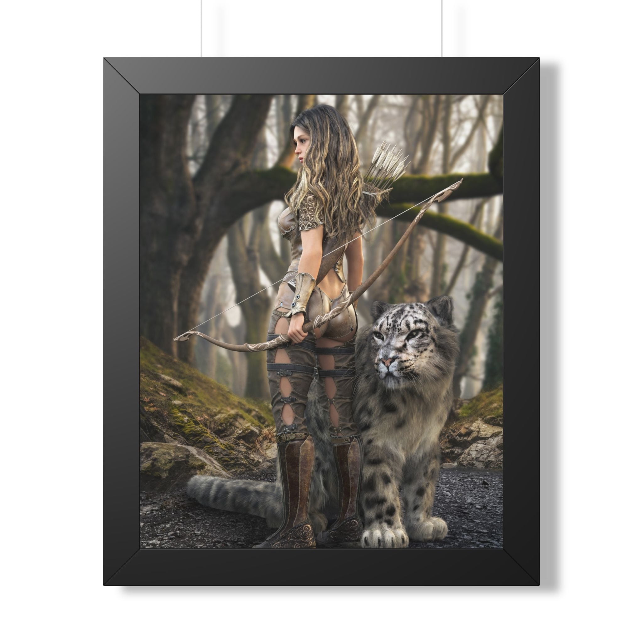 Framed Poster — Forest Huntress with Leopard Fantasy Art