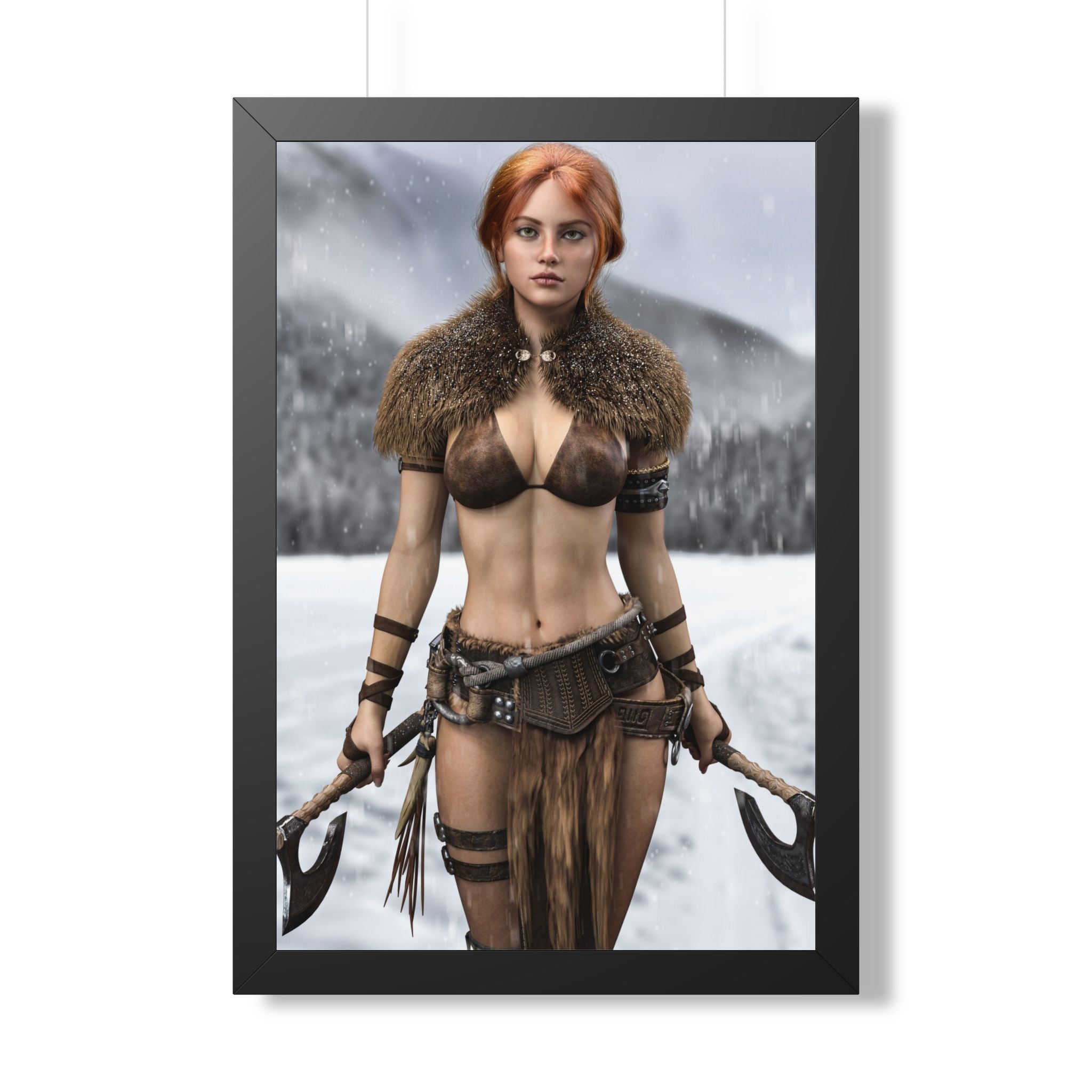 Viking Shieldmaiden Framed Poster — Redhead Warrior Art Print- No AI - Human created illustration art