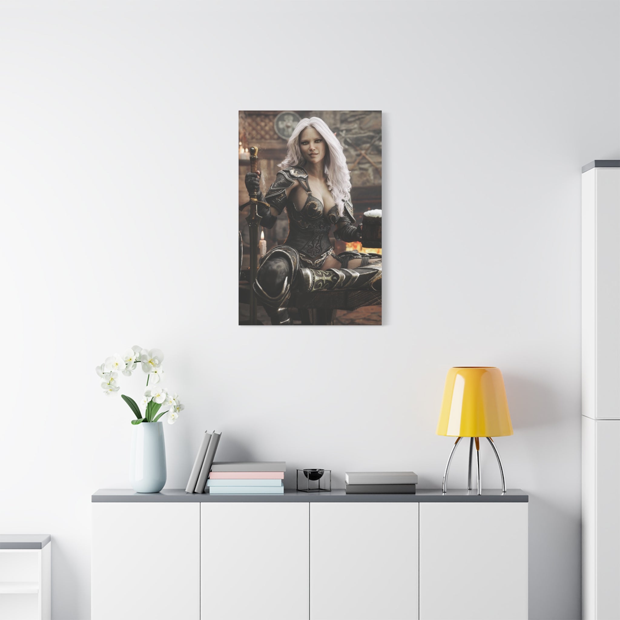 Fantasy Warrior Woman Canvas Print — Armored Dark elf in Tavern Portrait-No AI- Human created illustration art