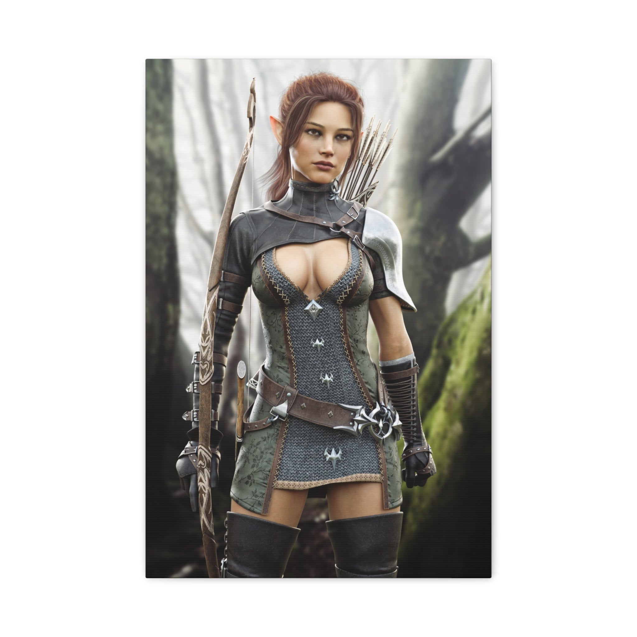 Fantasy Wood Elf Archer Warrior Canvas Print — Matte Stretched Wall Art - No Ai - human created illustration art