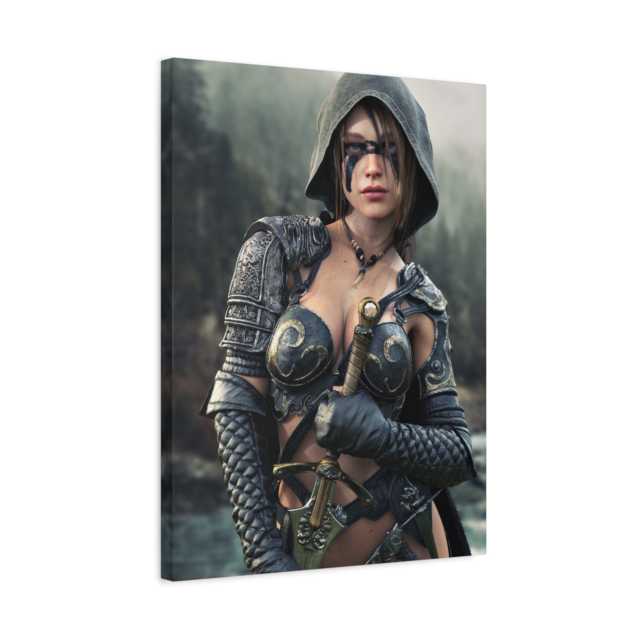 Fantasy ranger wall art featuring a hooded female warrior with face paint, ornate armor, and sword against a misty forest backdrop for fantasy decor.