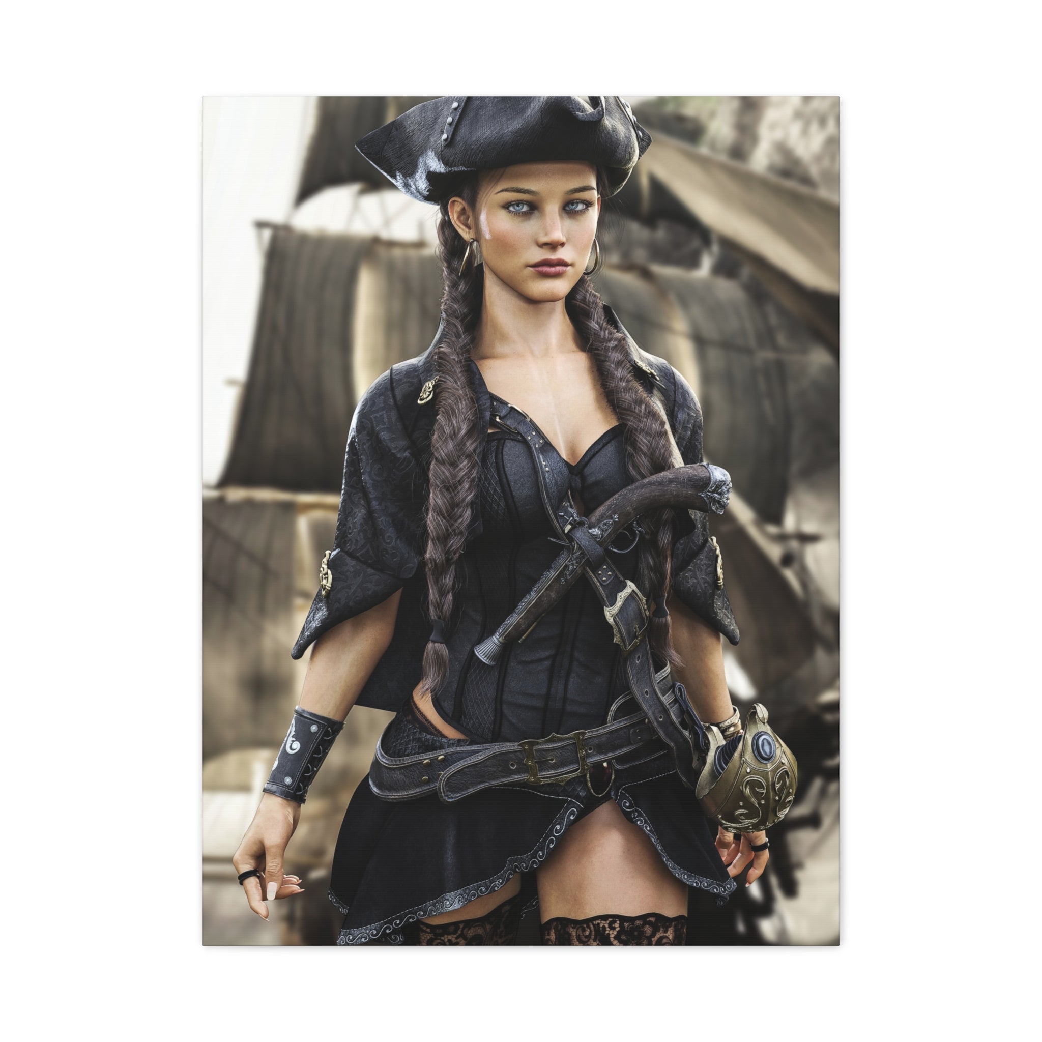 Pirate Captain Woman Matte Canvas Print — Stretched Wall Art - No AI - Human created illustration art