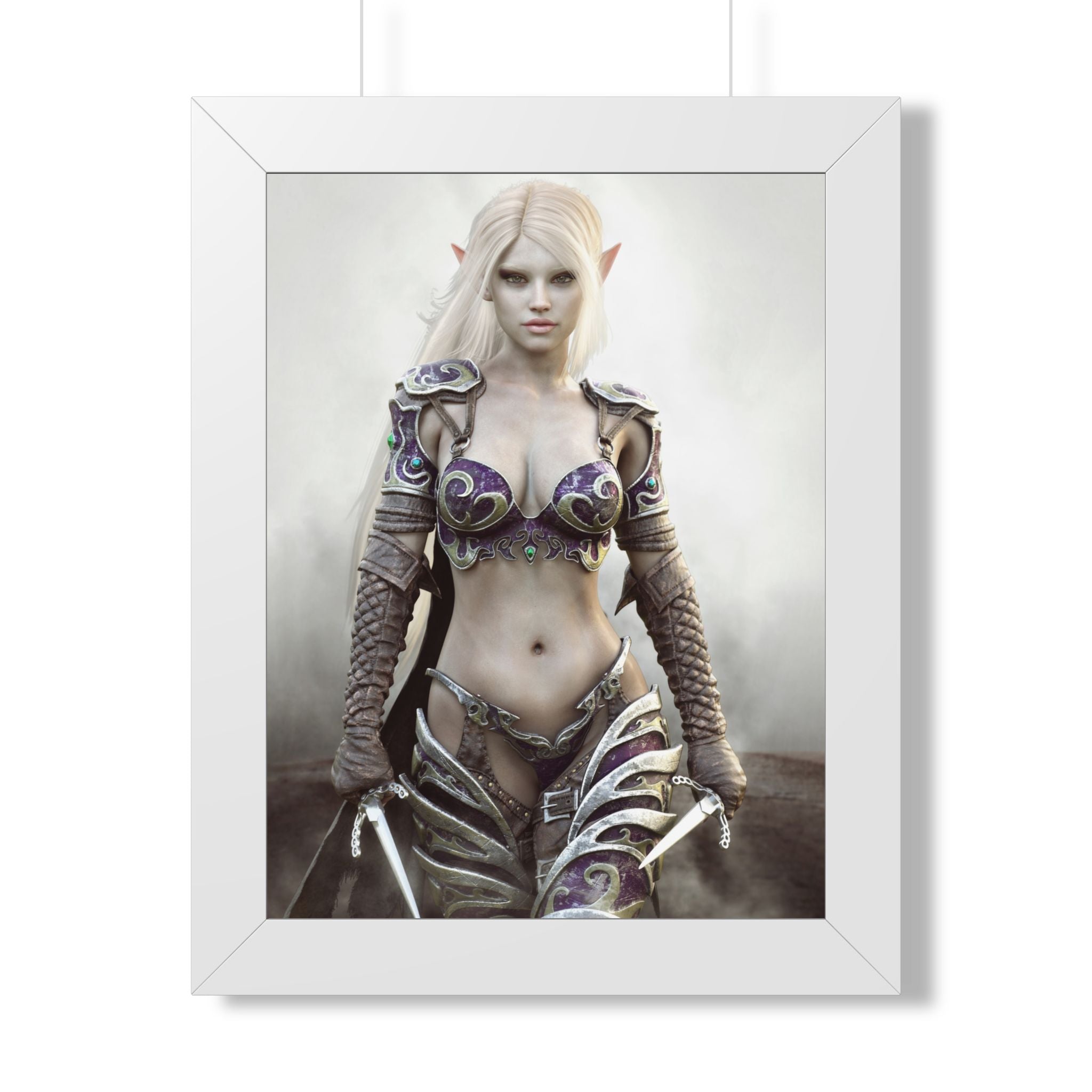 Framed Poster — Fantasy Dark Elf Elven Warrior Art Print - No AI- Human created illustration art