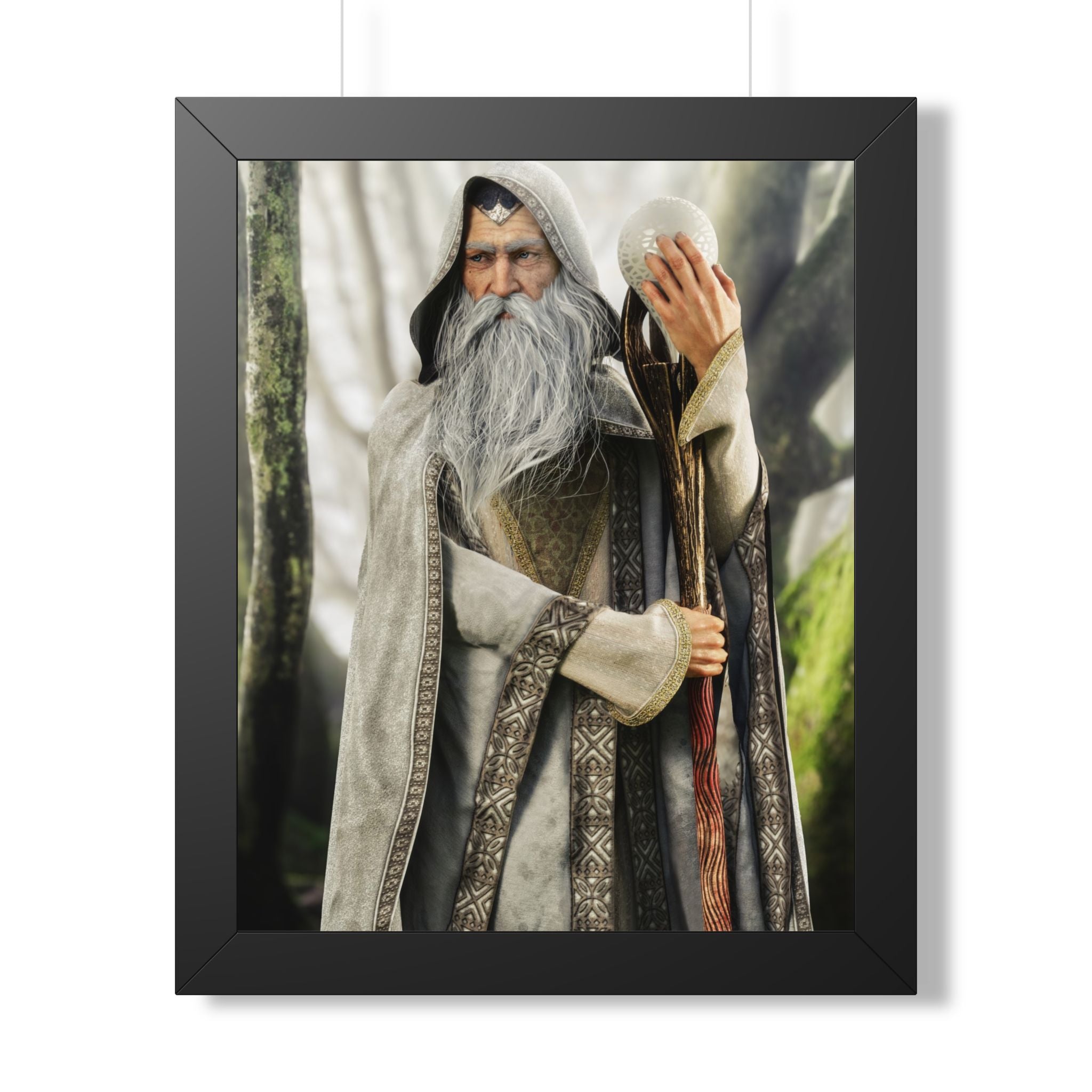 Framed Poster — Wise Wizard with Staff Fantasy Art- No ai - Human created illustration art