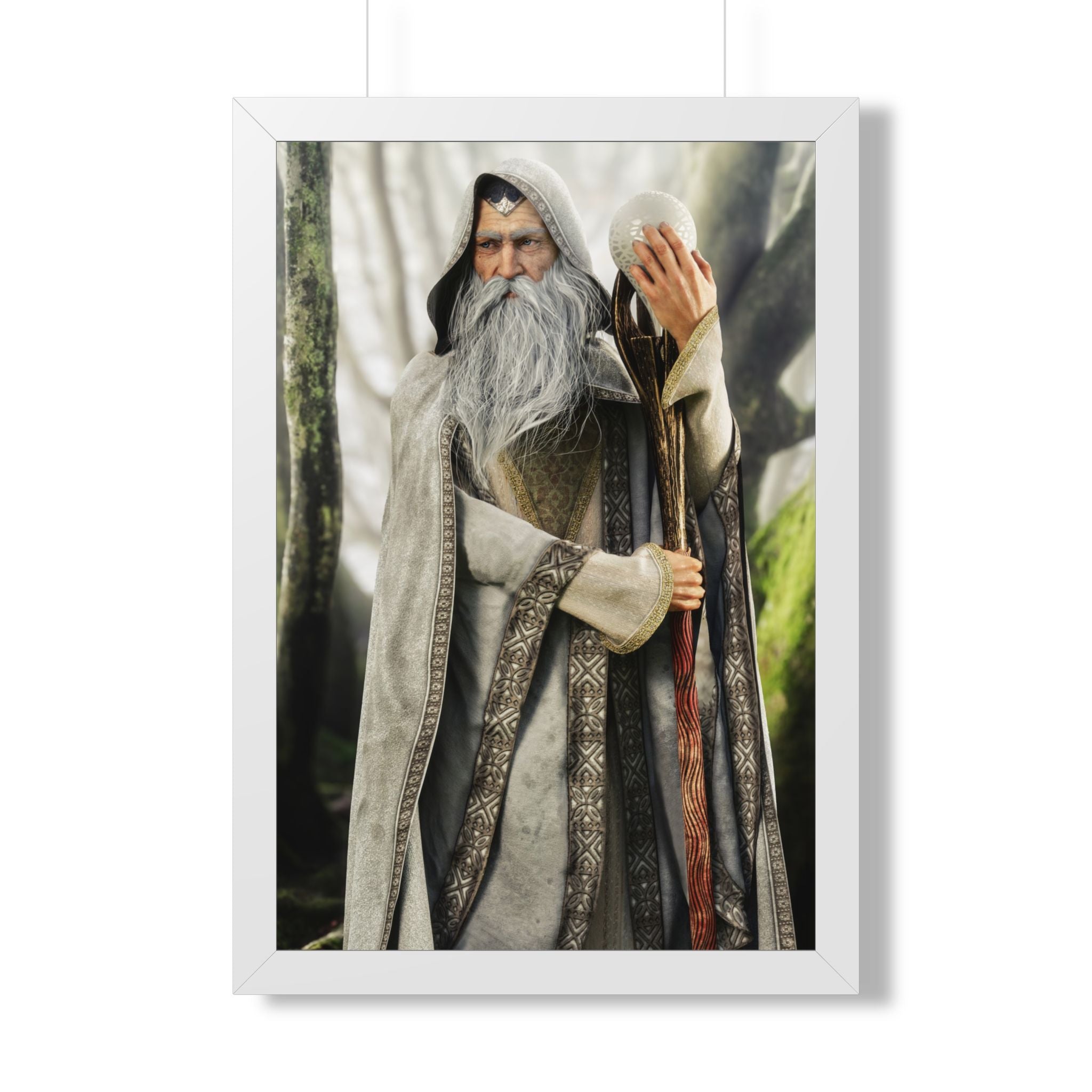 Framed Poster — Wise Wizard with Staff Fantasy Art- No ai - Human created illustration art