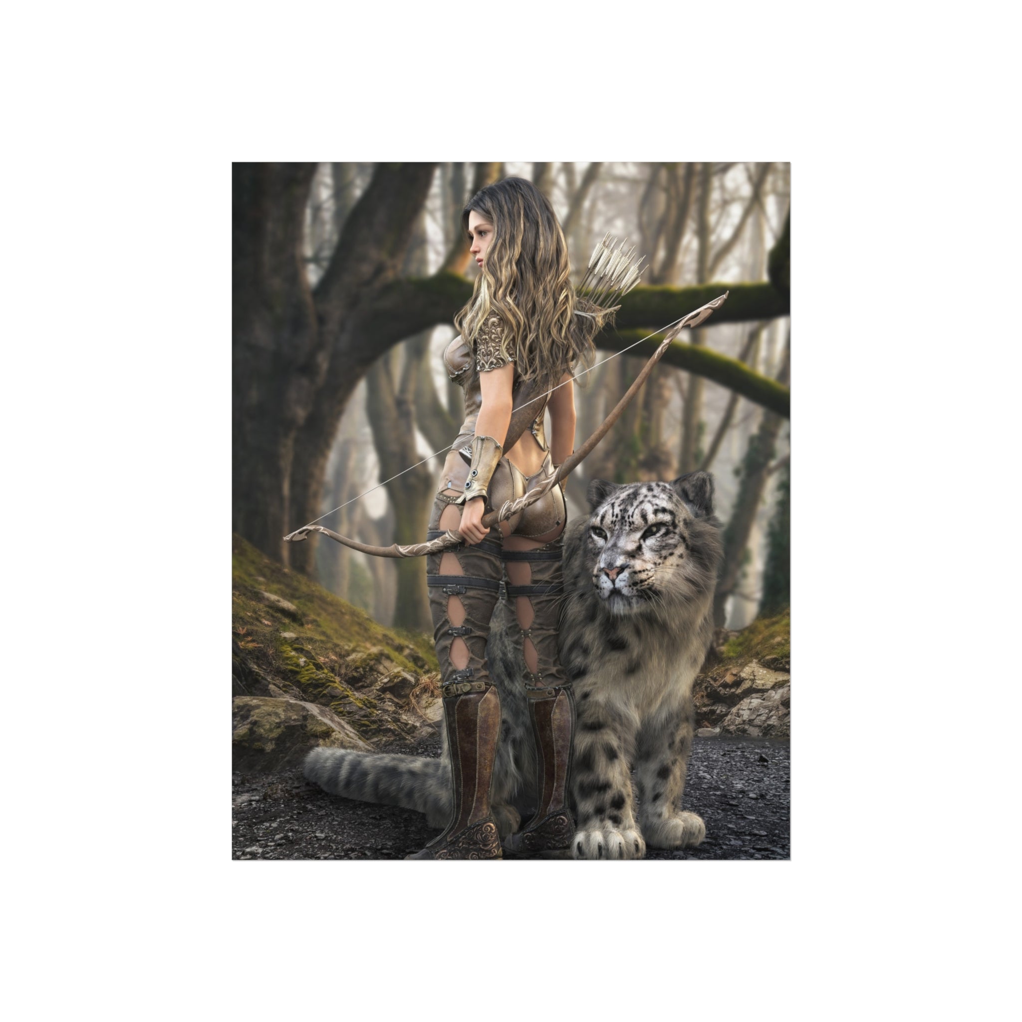 Warrior Archer &  leopard Fine Art Poster - Fantasy Forest Wall Art