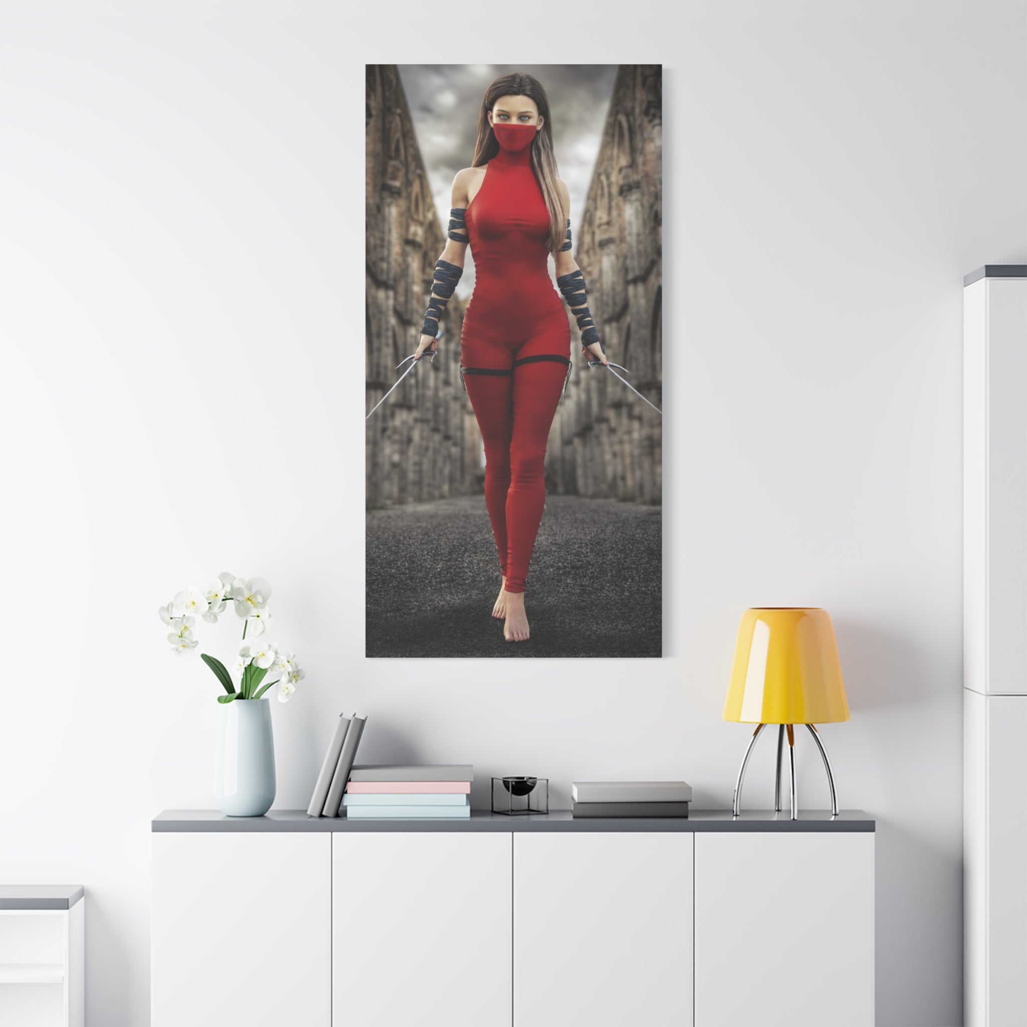 Red Assassin Canvas Wall Art | Fantasy Female Rogue & Ninja Artwork