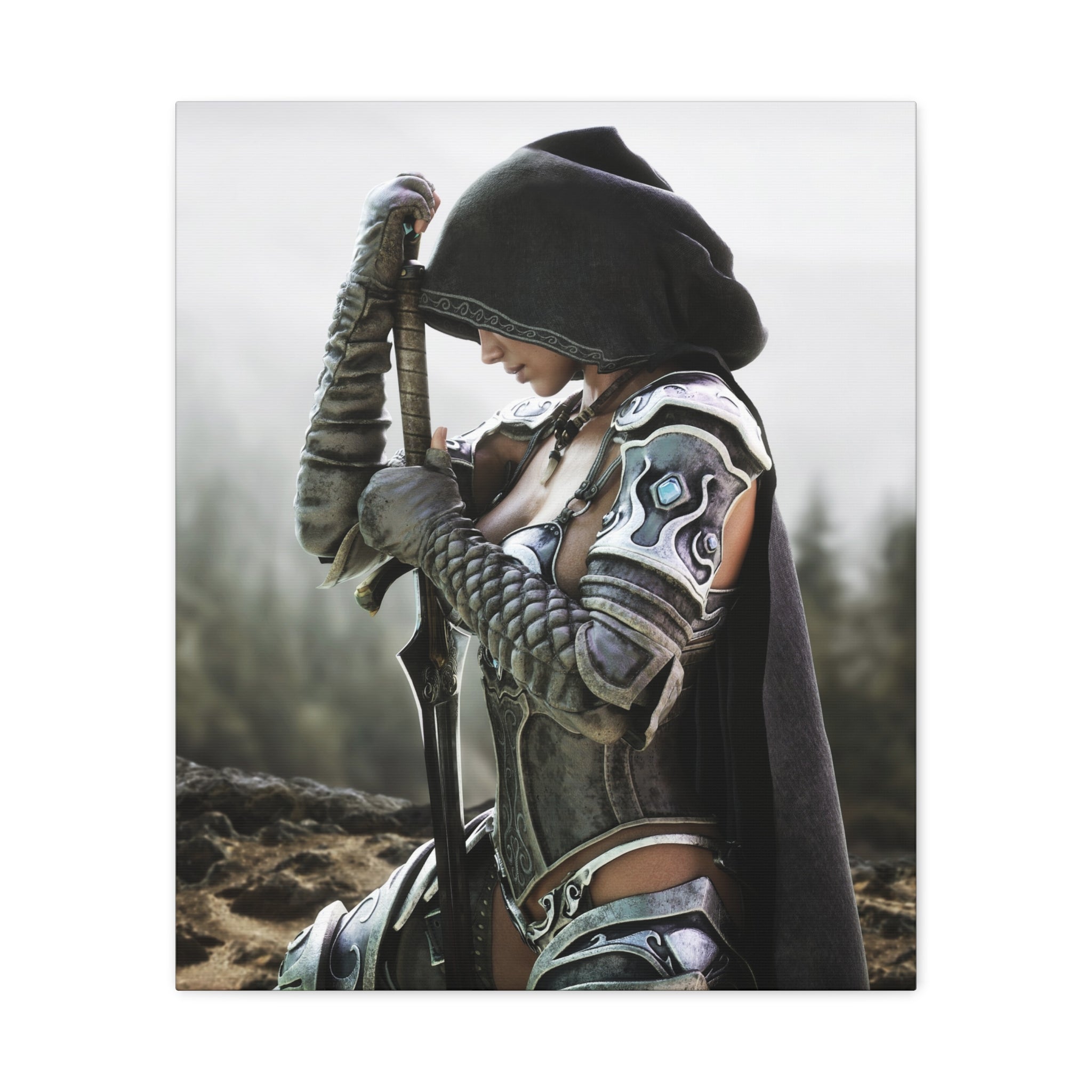 Fantasy Warrior Canvas Print — Hooded Female Knight Matte Stretched Wall Art- No AI- Human created fantasy art