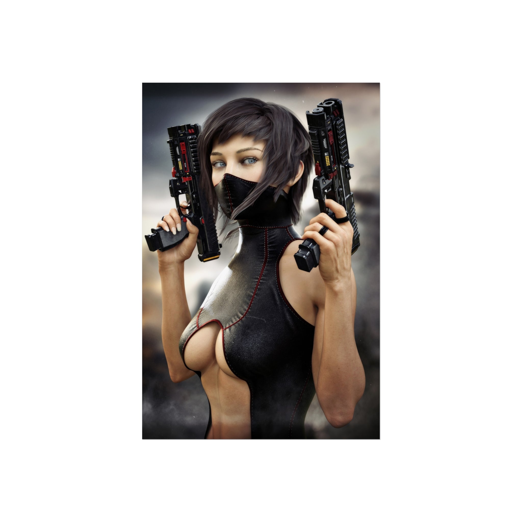 Cyberpunk Assassin Fine Art Poster — Futuristic Female Gunslinger Wall Art- No AI -Human created illustration art